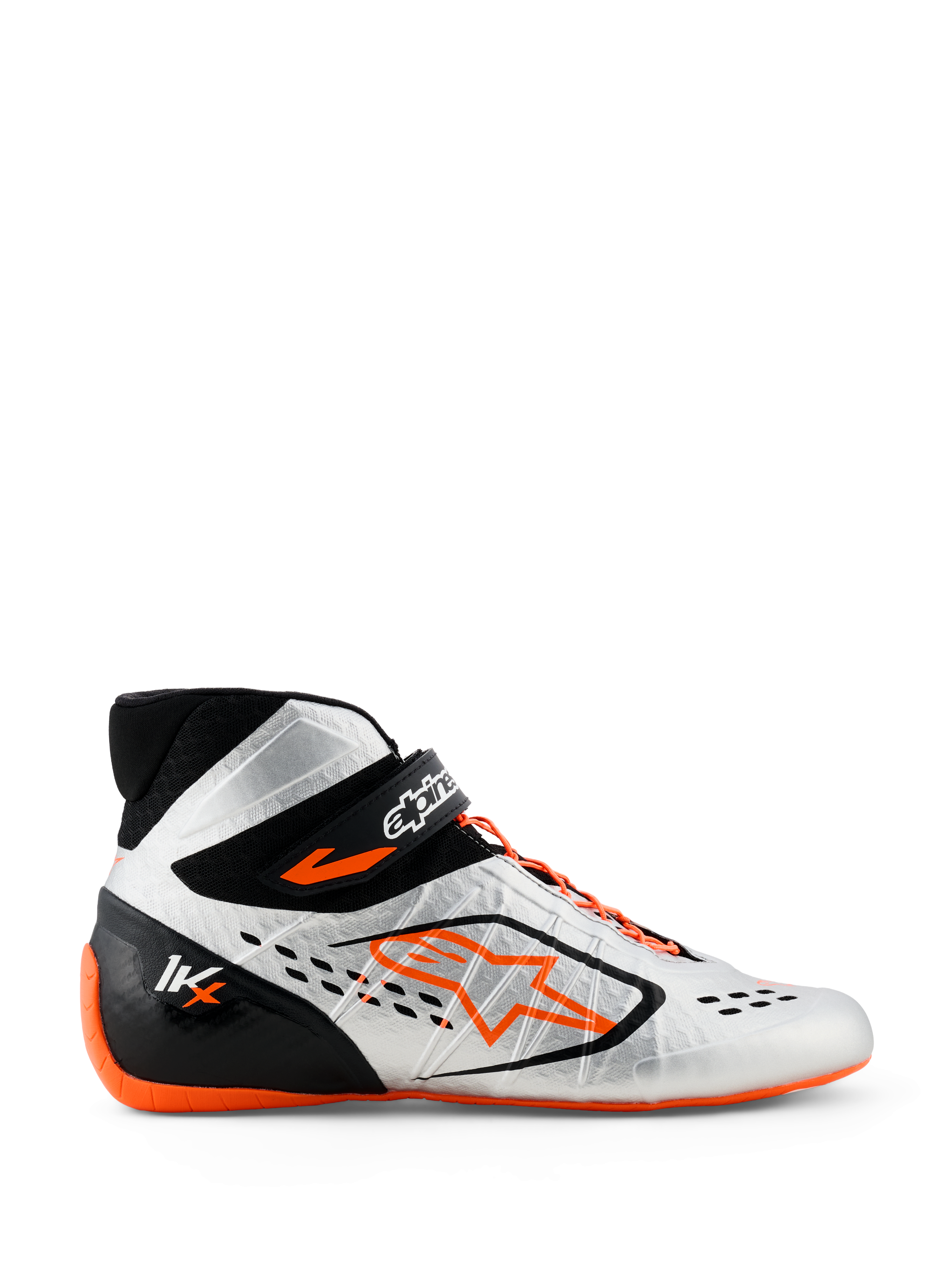 Alpinestars Tech-1 KX V3 Shoes, Karting Shoes, Silver Black and Fluo Orange, profile view featuring seamless thermo-welded construction, asymmetric orange lacing, bold orange Astar logo on the side, and thin fluo orange rubber sole