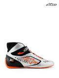 Alpinestars Tech-1 KX V3 Schuhe - FIA, Kart-Rennschuhe in Schwarz, Silber und Orange Fluo, Seitenprofil mit leichter thermisch verschweißter Konstruktion, asymmetrischer Schnürung und FIA-Homologationsdetails