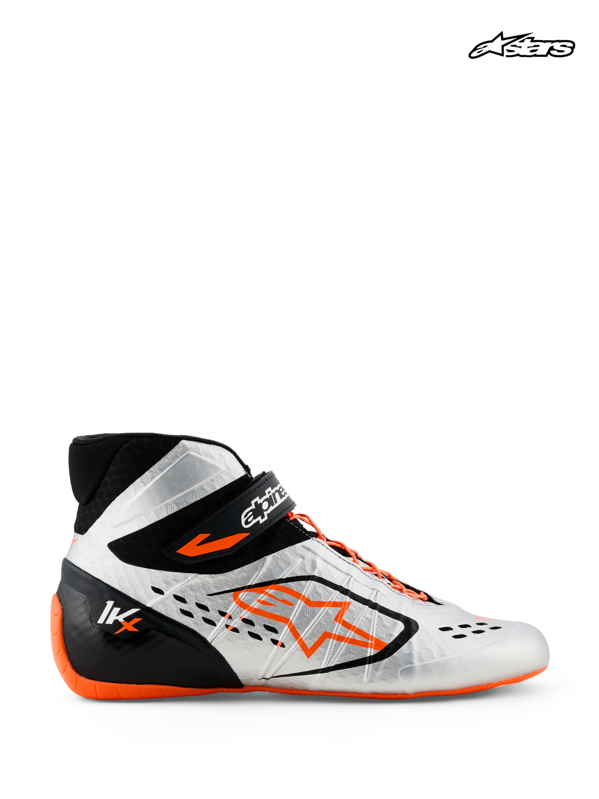 Alpinestars Tech-1 KX V3 Shoes - FIA, karting racing shoes, black, silver, and orange fluo, side profile view showing lightweight thermo-welded construction, asymmetric lacing, and FIA homologation details