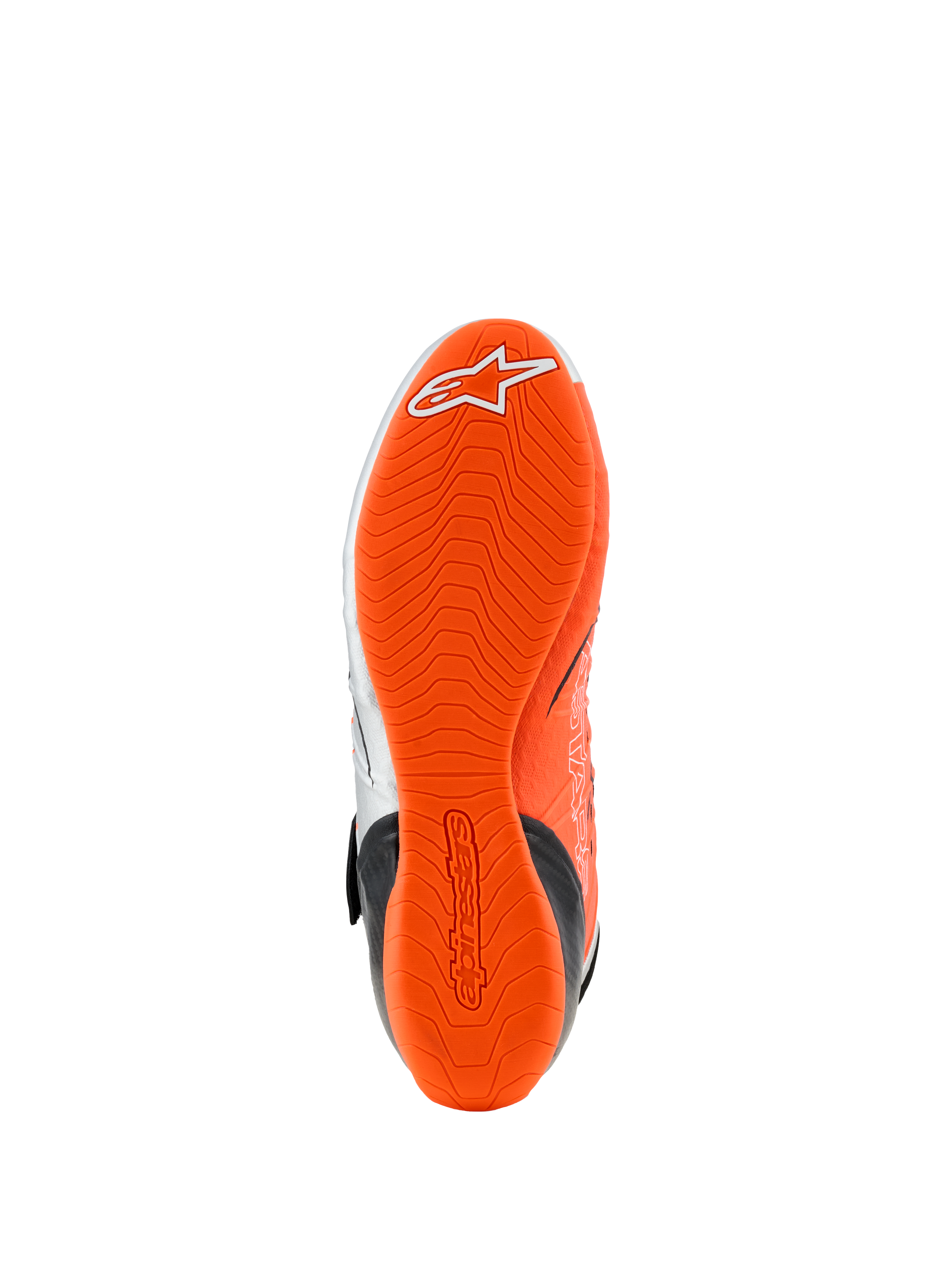Alpinestars Tech-1 KX V3 Shoes, Sole View, Bright Orange Fluo Rubber, wavy textured tread pattern with white logo and embossed branding, designed for karting grip and pedal sensitivity