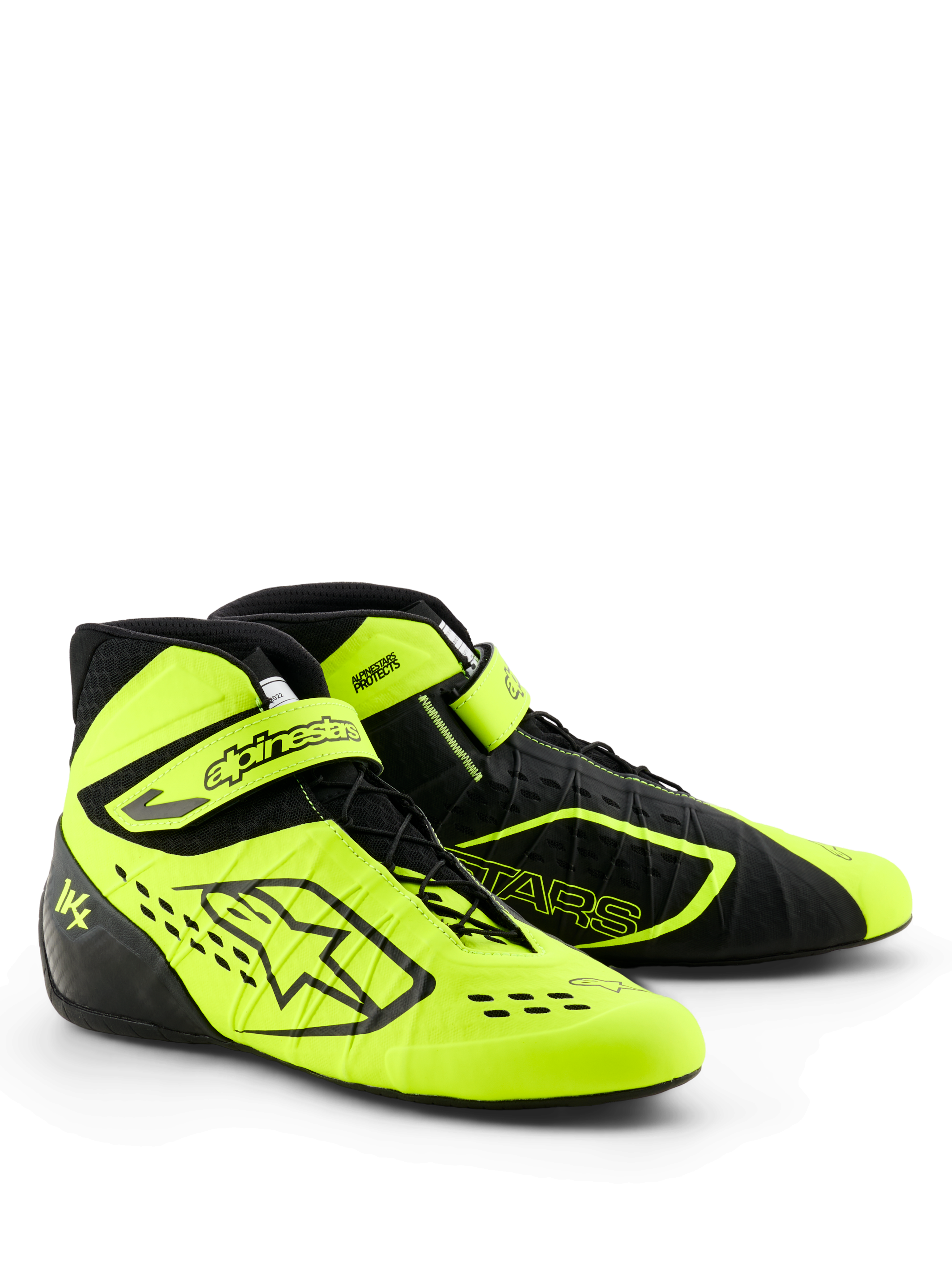 Alpinestars Tech-1 KX V3 Karting Shoes, Black and Yellow Fluo, sleek performance profile, asymmetric lacing with adjustable ankle strap, laser-cut perforations for breathability, lightweight thermo-welded construction, FIA 8877-2022 certified motorsport footwear