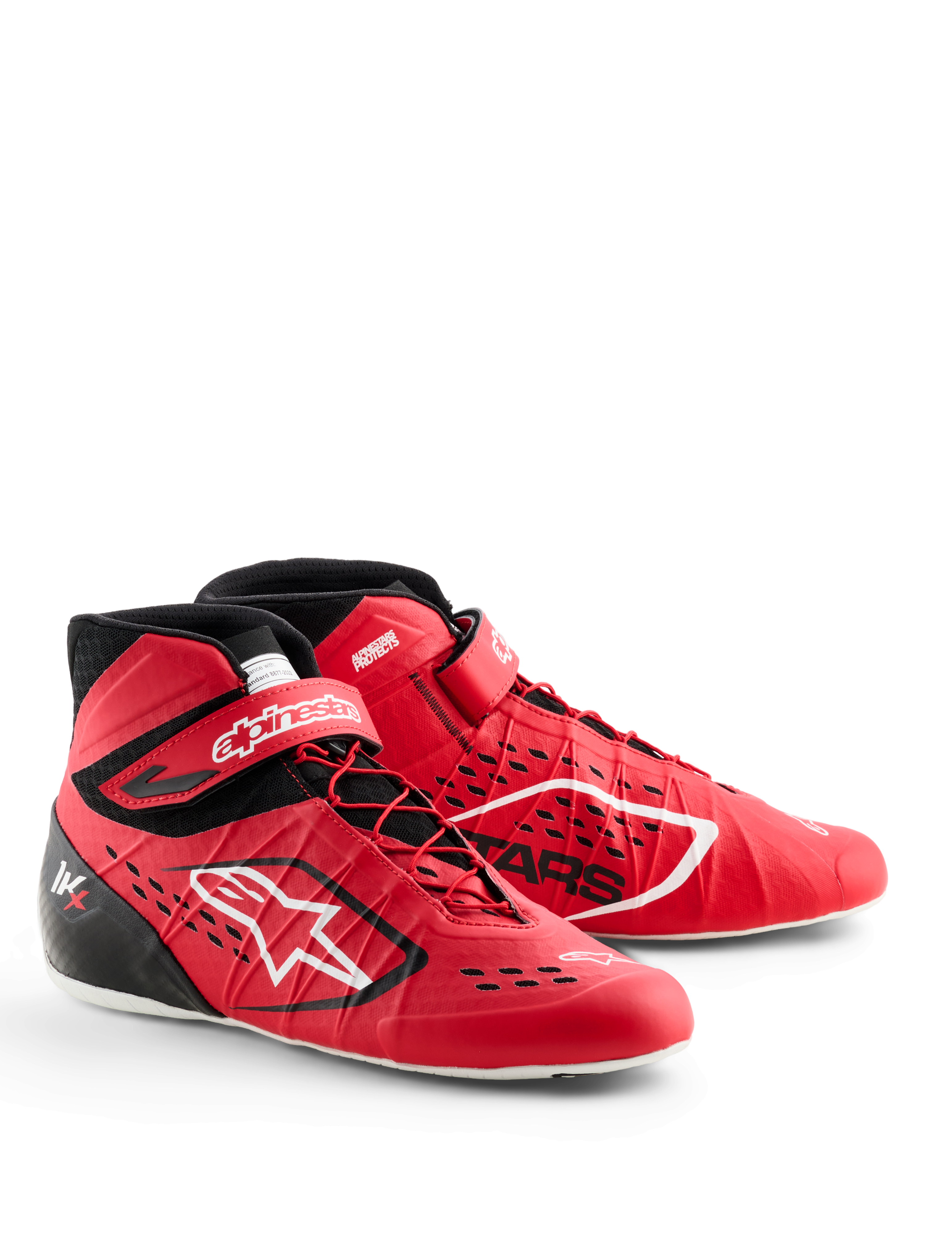 Alpinestars Tech-1 KX V3 Shoes, Karting Shoes, Red and Black, featuring asymmetric lacing and velcro ankle strap, white Alpinestars branding, laser-cut air-intakes, and a lightweight seamless construction for professional motorsport performance.