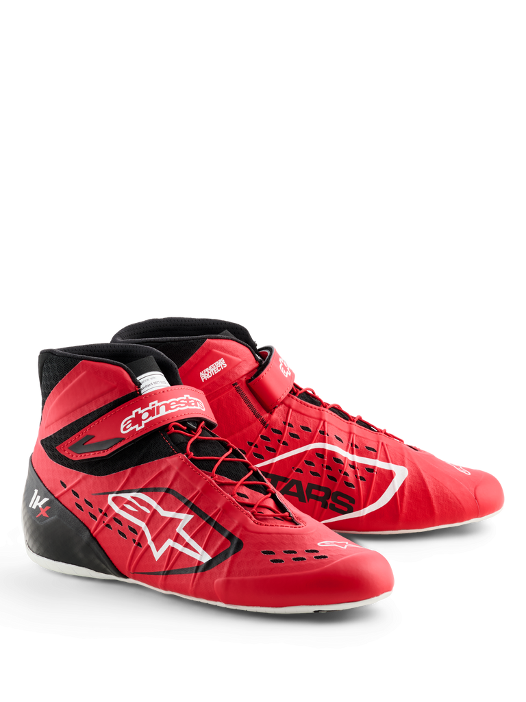 Alpinestars Tech-1 KX V3 Shoes, Karting Shoes, Red and Black, featuring asymmetric lacing and velcro ankle strap, white Alpinestars branding, laser-cut air-intakes, and a lightweight seamless construction for professional motorsport performance.