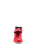 Alpinestars Tech-1 KX V3 Shoes - FIA, Karting Shoes, Red and Black, front view featuring asymmetric speed lacing, velcro ankle strap with white branding, and sleek thermo-welded construction