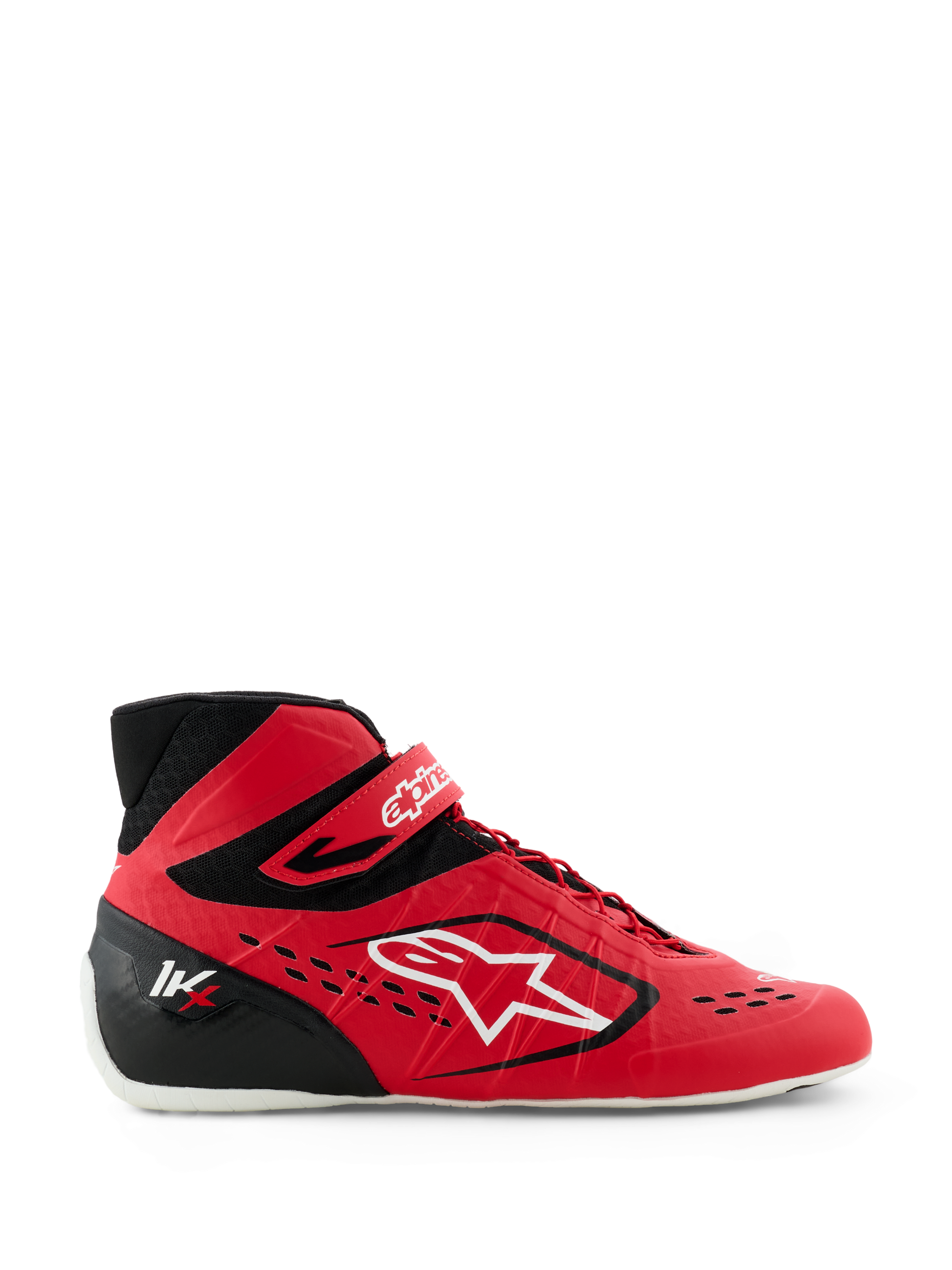 Alpinestars Tech-1 KX V3 Karting-Schuhe, Rot und Schwarz, Seitenprofil mit großem weißem Alpinestars-Logo, asymmetrischem Schnürsystem, Klettverschluss am Knöchel und leichtem, nahtlosem Design für Motorsport-Performance