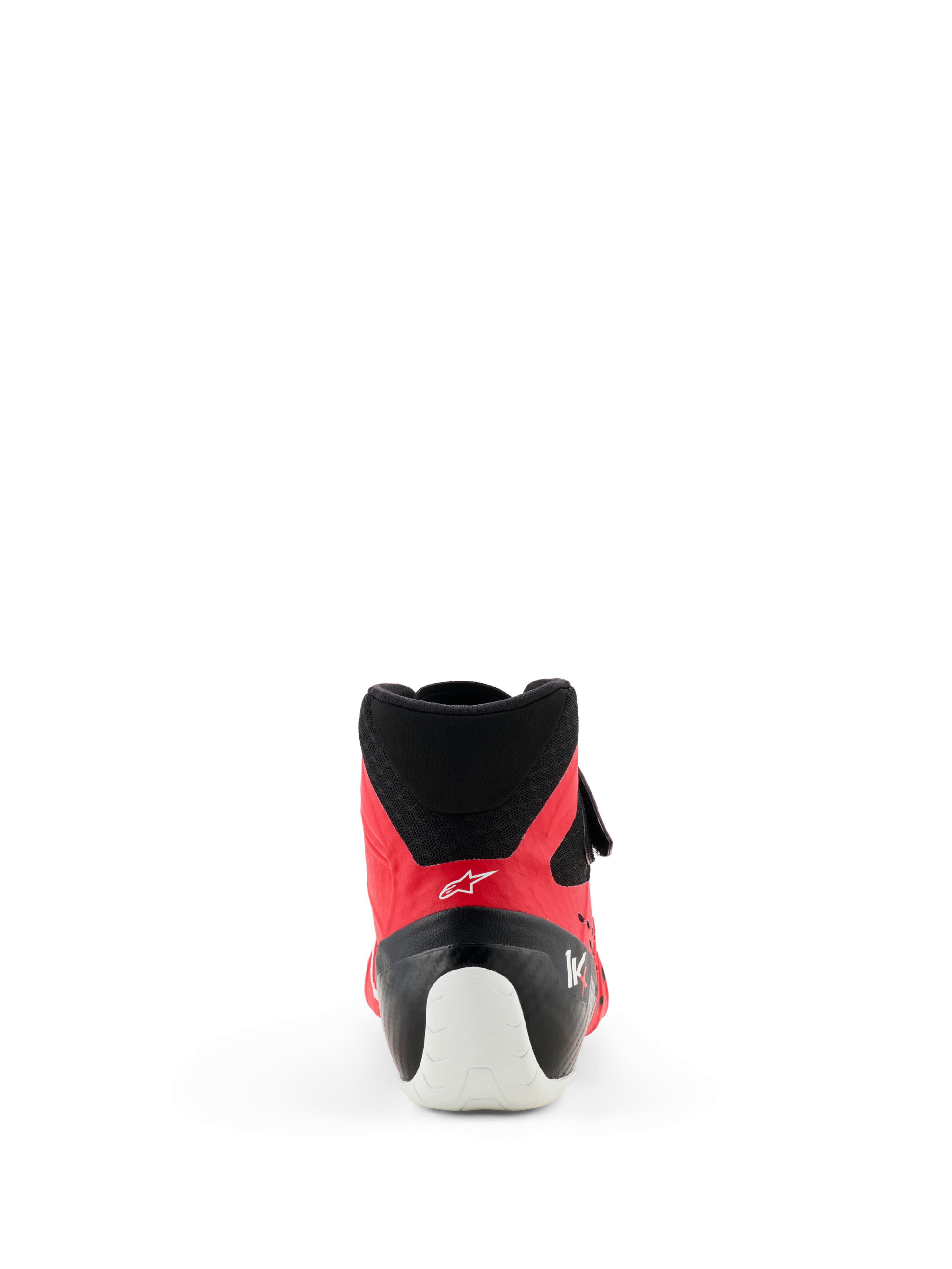 Alpinestars Tech-1 KX V3 Shoes - FIA, Karting Shoes, Red and Black, rear view highlighting the white heel reinforcement, black mesh collar, and streamlined profile for professional racing.