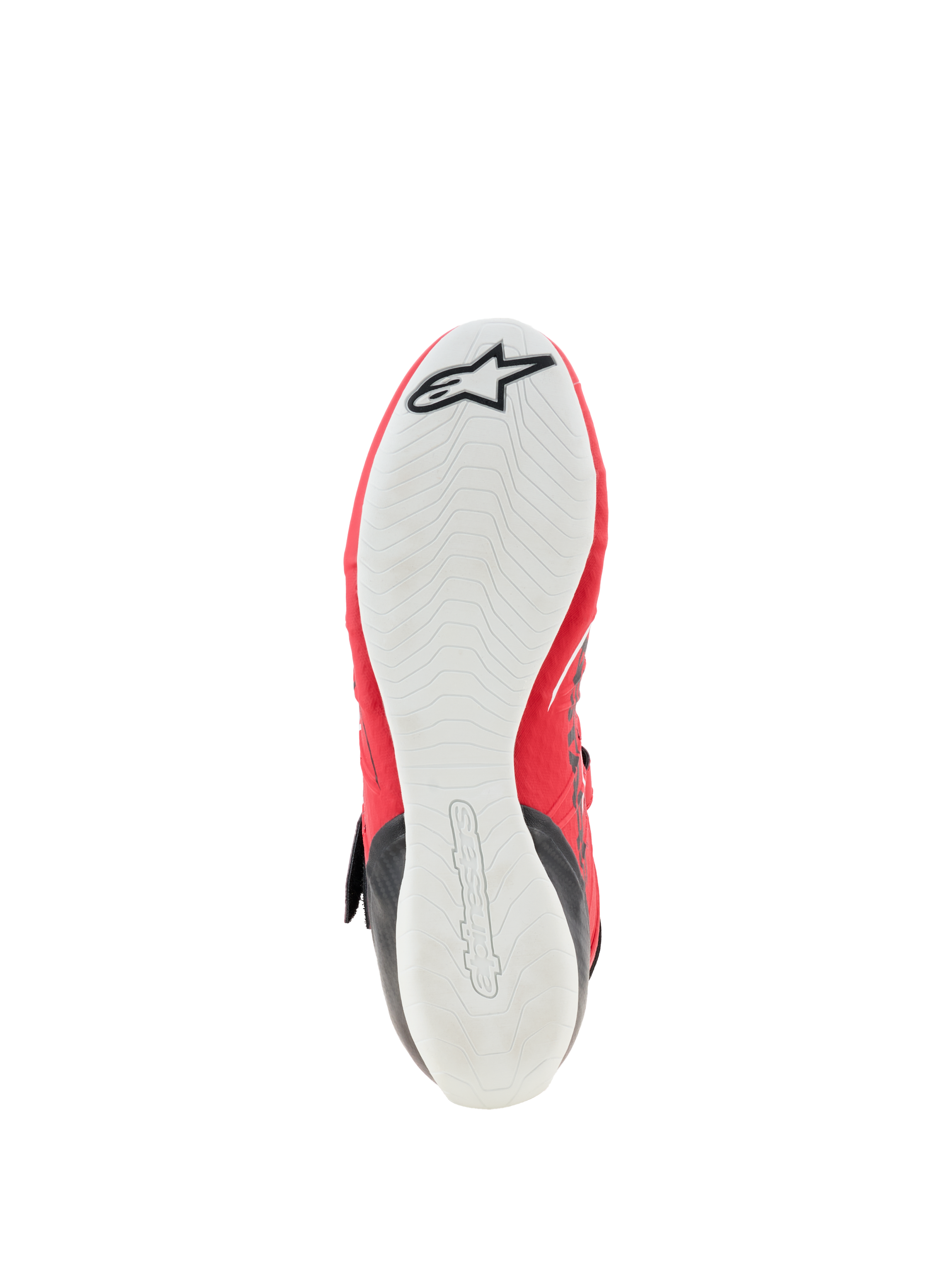 Alpinestars Tech-1 KX V3 Shoes - FIA, Karting Shoes, bottom view showing the white thin rubber outsole, textured grip pattern for pedal sensitivity, red upper edges, black Alpinestars star logo on the toe and embossed branding on the heel