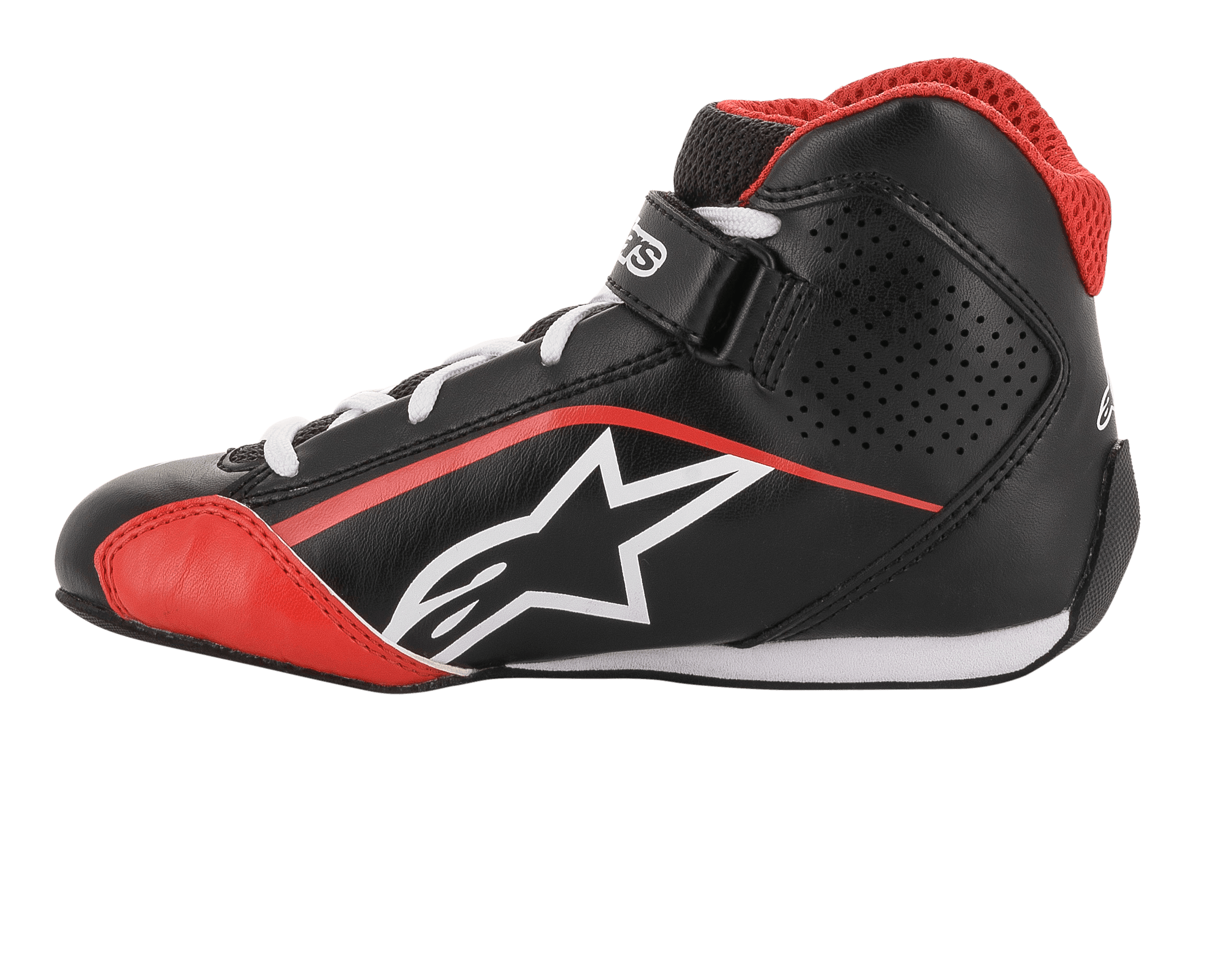 Alpinestars Youth Tech-1 K Shoes, Karting Footwear, Black White and Red, side profile featuring white star logo, red mesh collar, white laces and ankle strap, lightweight microfiber and mesh design for racing