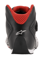 Alpinestars Youth Tech-1 K Shoes, Karting Shoes, Black White and Red, rear view featuring rounded heel, white Alpinestars logo, and red 3D mesh collar for kart racing