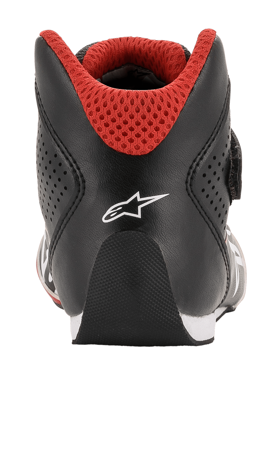 Alpinestars Youth Tech-1 K Shoes, Karting Shoes, Black White and Red, rear view featuring rounded heel, white Alpinestars logo, and red 3D mesh collar for kart racing