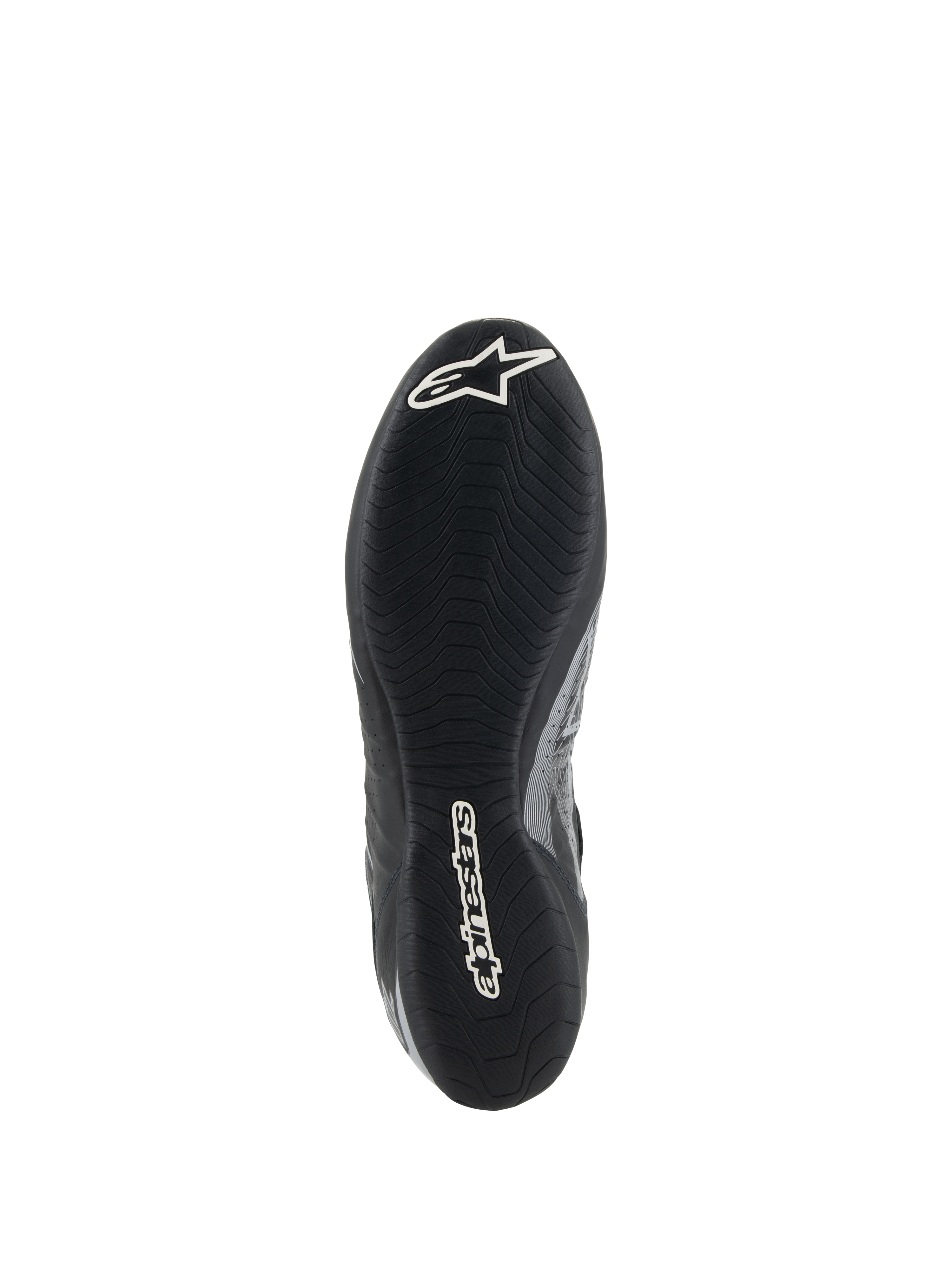 Alpinestars Tech-1 Z V3 Shoes FIA, Black Silver racing shoe sole view, featuring F1-derived thin rubber outsole with asymmetric tread, white branding including Astar logo and Alpinestars wordmark