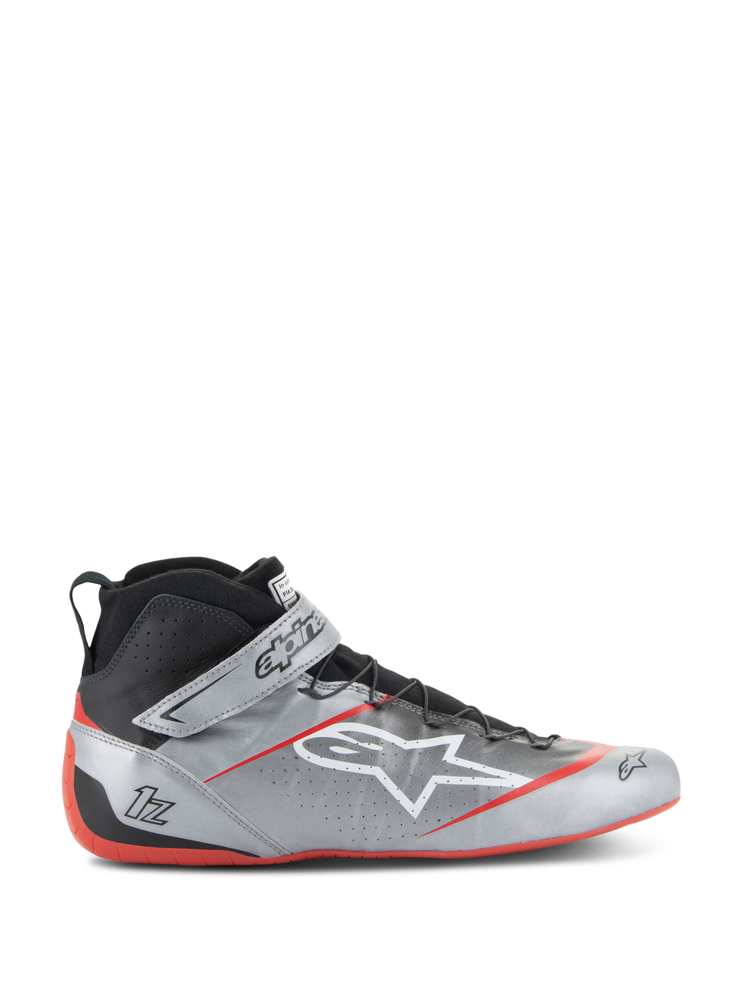 Alpinestars Tech-1 Z V3 FIA Rennschuhe, Dunkelsilber mit schwarzen und roten Akzenten, High-Top-Design mit weißem Stern-Logo, rote Sohle, perforiertes Leder zur Belüftung, Klettverschluss
