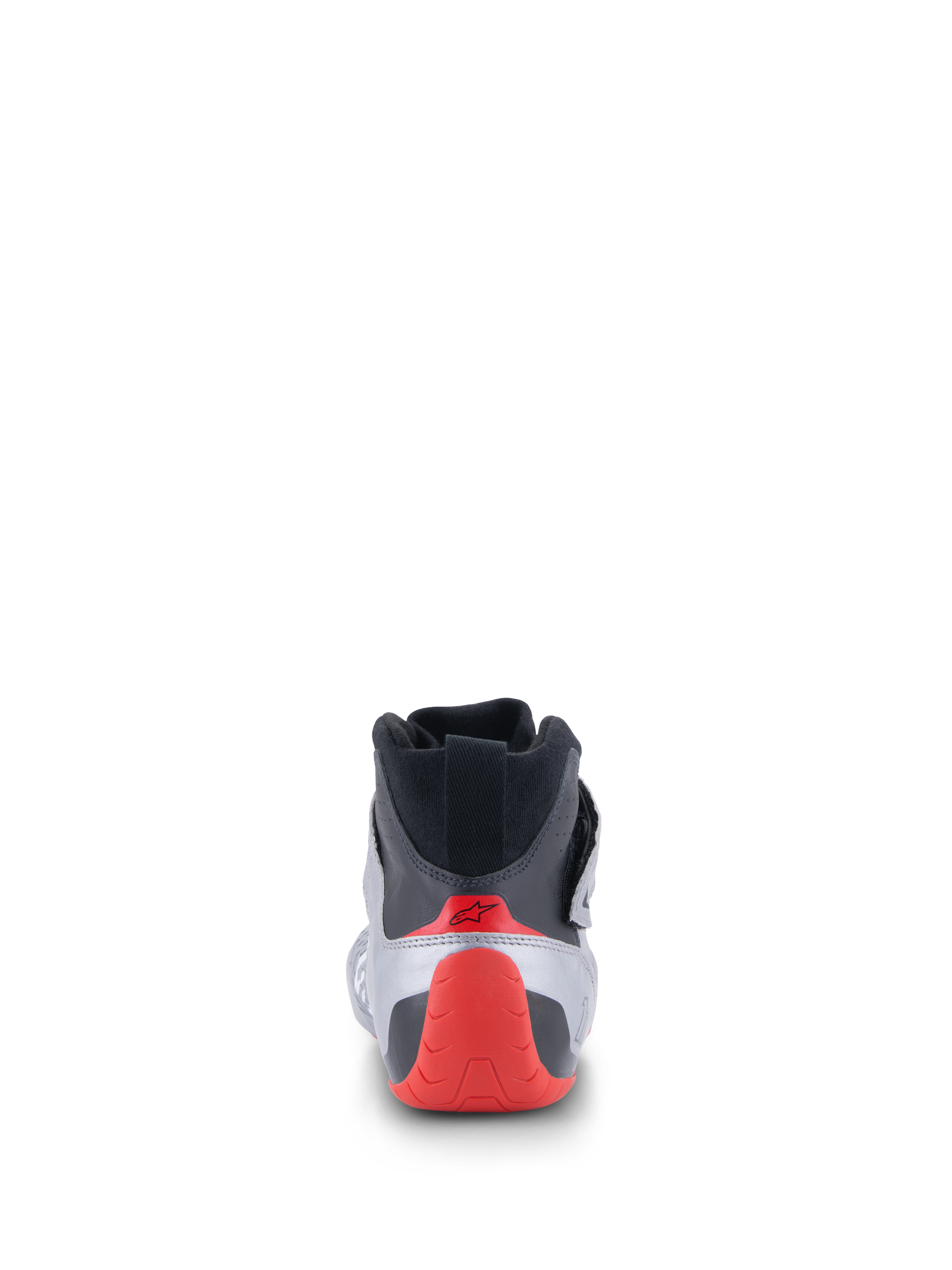 Alpinestars Tech-1 Z V3 Shoes FIA, Auto Racing Shoes, Rear view in Dark Silver Black and Red, featuring a red thermo-formed heel cup and black knitted collar, professional motorsport footwear