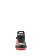 Alpinestars Tech-1 Z V3 Shoes FIA, Auto Racing Shoes, Black and Red, front view, featuring a speed lacing system, velcro ankle strap with white branding, and a premium leather upper with red graphic accents, professional motorsport footwear