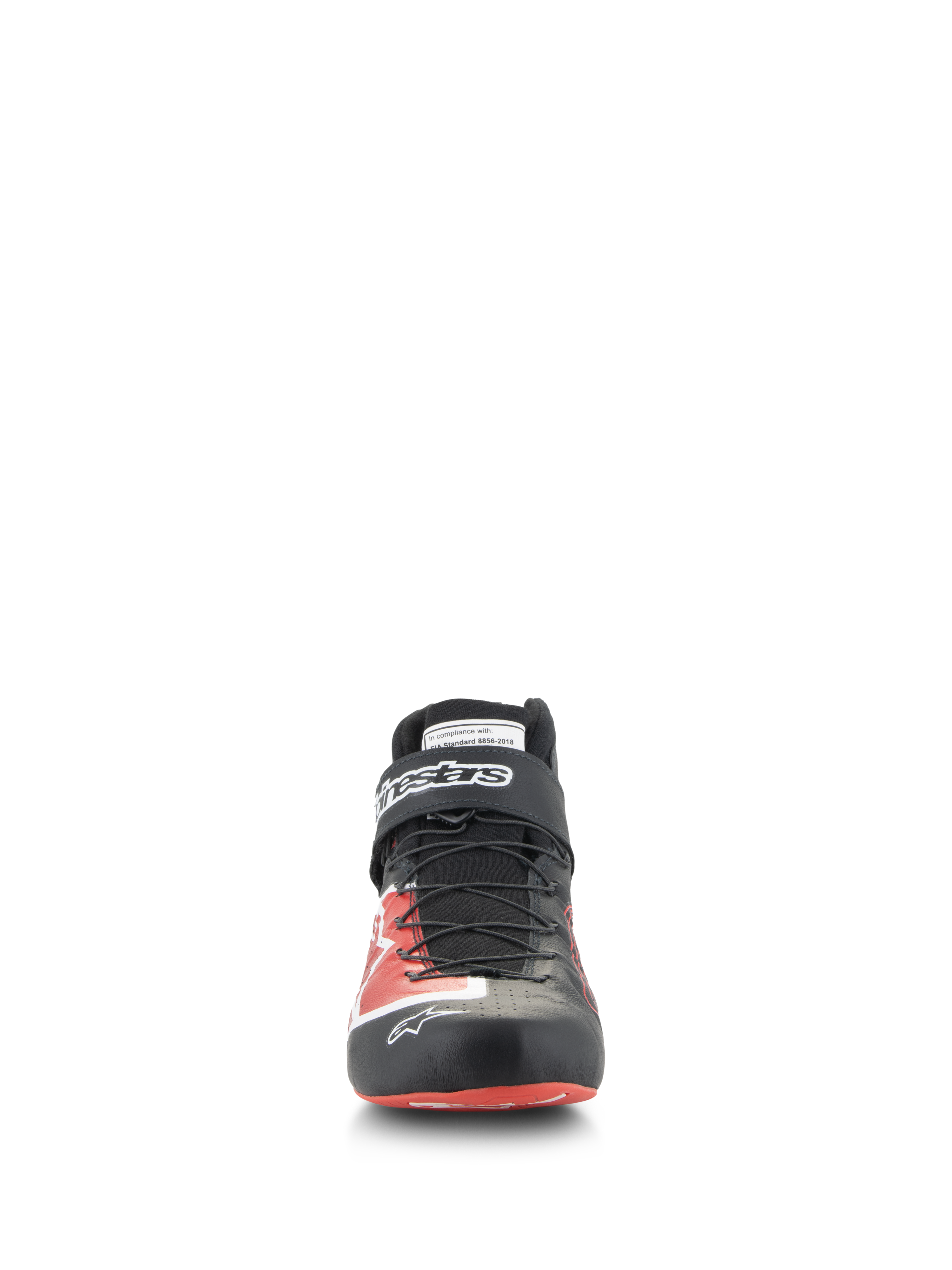 Alpinestars Tech-1 Z V3 Shoes FIA, Auto Racing Shoes, Black and Red, front view, featuring a speed lacing system, velcro ankle strap with white branding, and a premium leather upper with red graphic accents, professional motorsport footwear