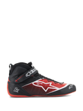 Alpinestars Tech-1 Z V3 Shoes FIA, Auto Racing Shoes, Black and Red, high-top design with white star logo, glossy finish with textured perforations, red curved sole, FIA certified, ankle strap with branding, streamlined motorsport footwear