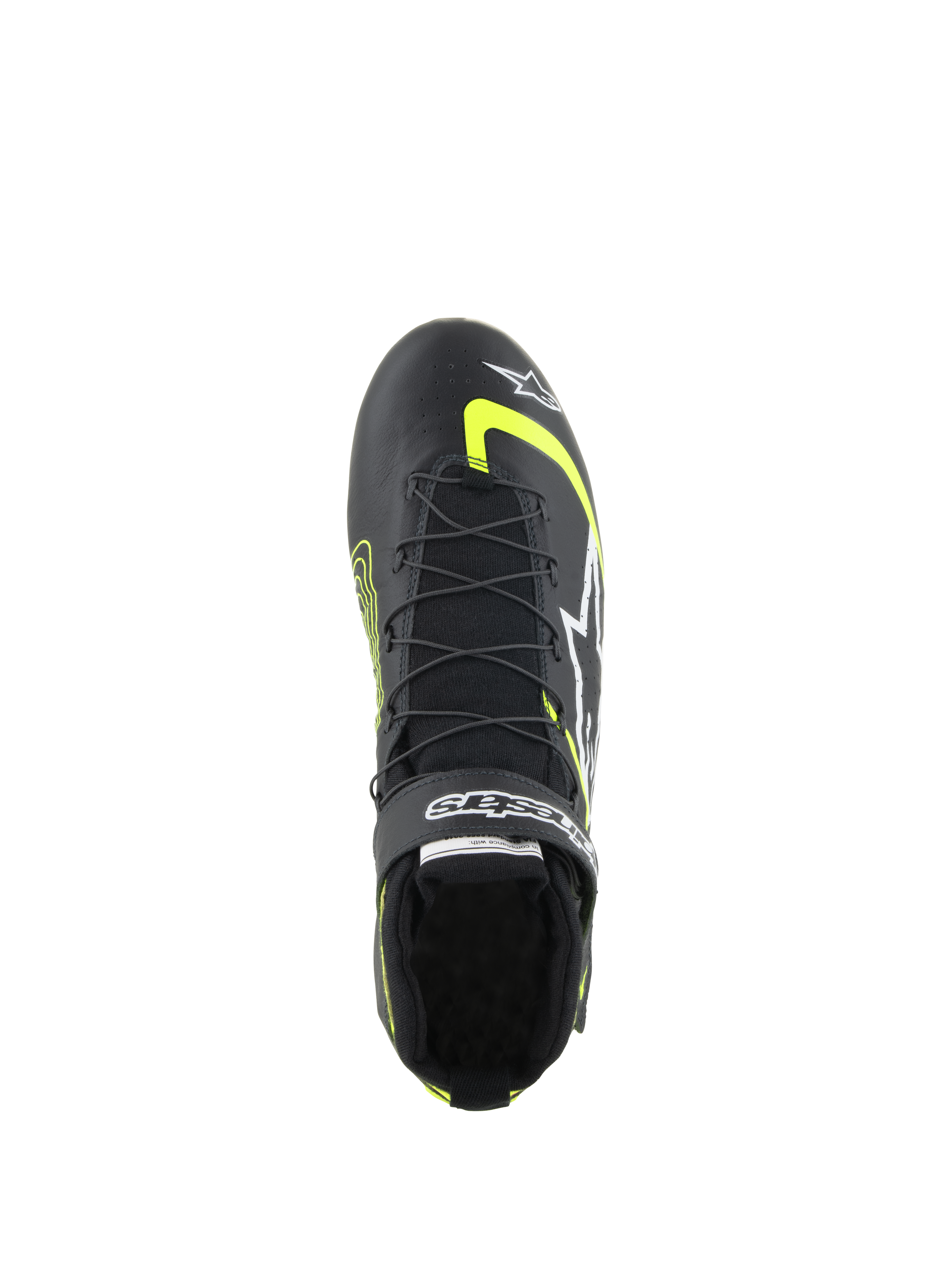 Alpinestars Tech-1 Z V3 Shoes FIA, Auto Racing Shoes, Black and Yellow Fluo, top-down view showing dual-closure speed lacing system, Velcro strap with branding, and premium leather construction for professional motorsport.