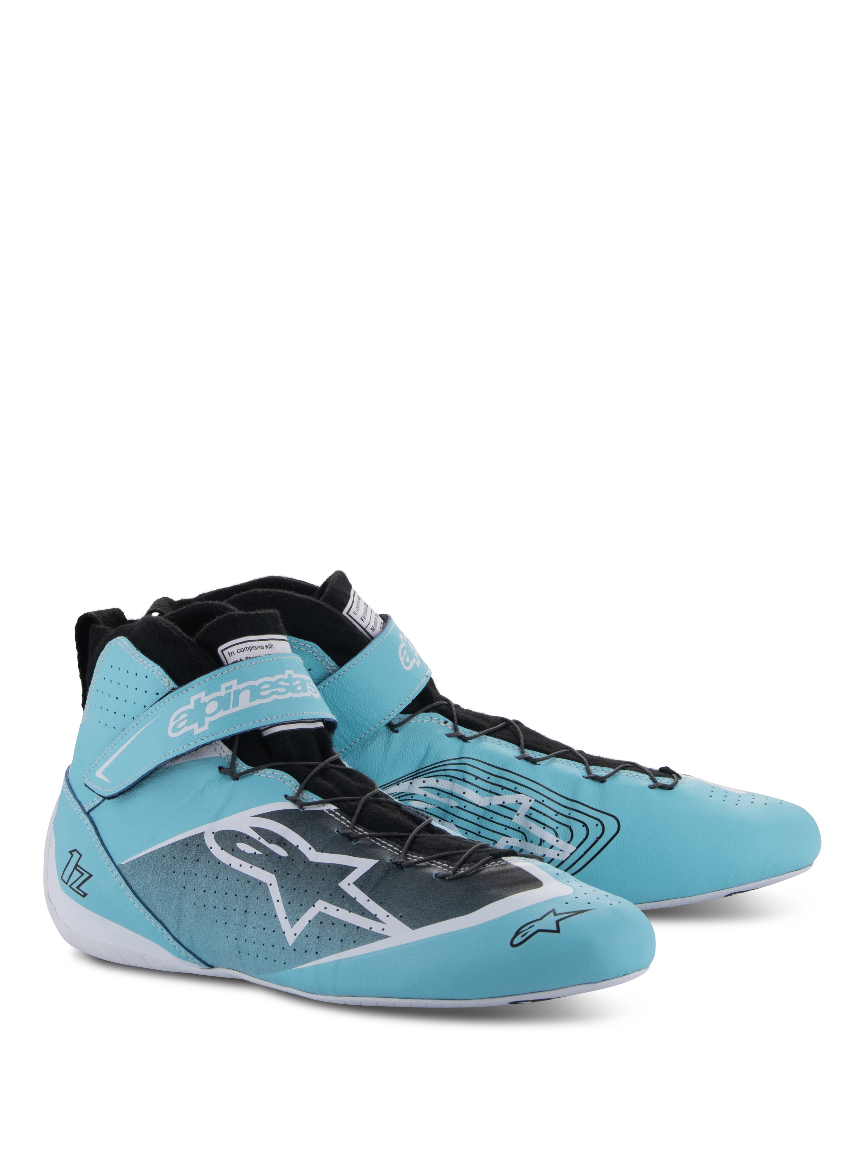 Alpinestars Tech-1 Z V3 Shoes FIA, Auto Racing Shoes, Light Teal White and Black, high-top design with velcro ankle strap, featuring prominent Alpinestars branding and perforated leather detailing for performance