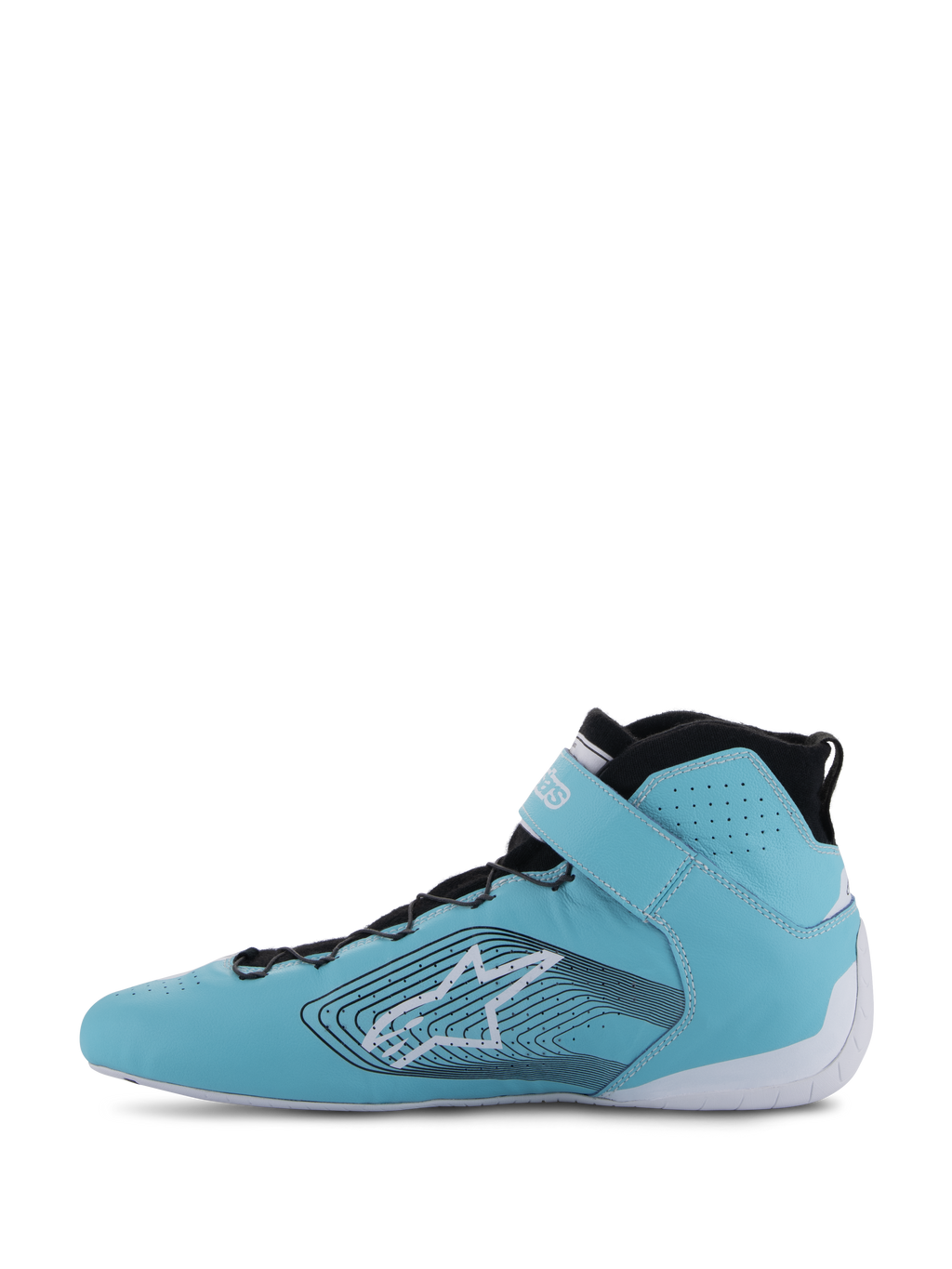 Alpinestars Tech-1 Z V3 Shoes FIA, Auto Racing Shoes, Light Teal White and Black, side profile view, premium leather with perforations, large star logo with wavy graphic lines, white sole and black collar
