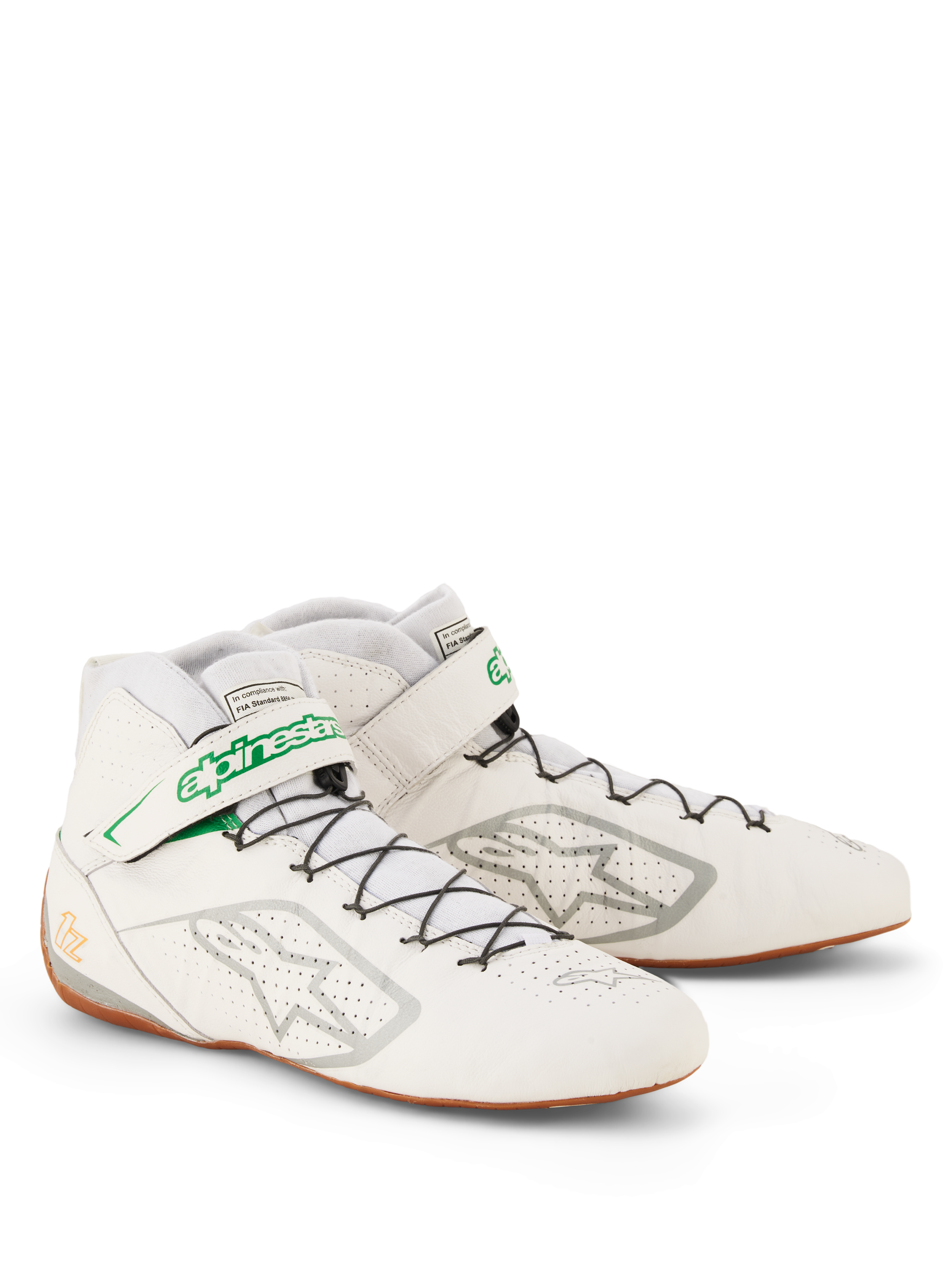 Alpinestars Tech-1 Z V3 Shoes FIA, White Green Gum Silver racing shoes, perforated bovine leather upper, speed lacing system with green logo strap, thin gum rubber sole for pedal feel, professional motorsport footwear