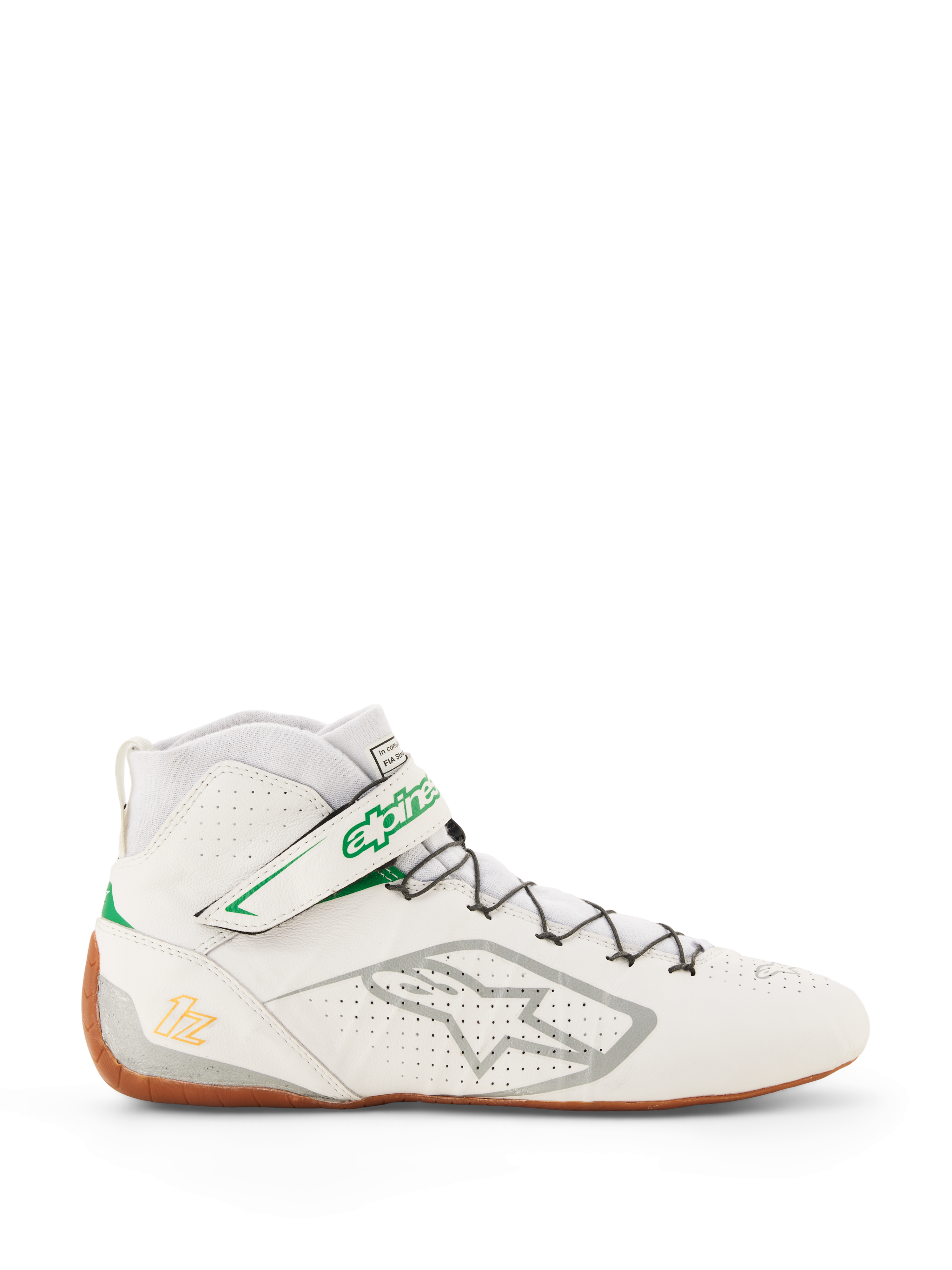 Alpinestars Tech-1 Z V3 Shoes FIA, Karting and Auto Racing Shoes, White with Green and Gum accents, side view featuring silver Alpinestars logo, perforated leather upper, high-top silhouette with speed lacing, professional motorsport design
