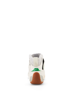 Alpinestars Tech-1 Z V3 Shoes FIA, Karting and Auto Racing Shoes, White Green Gum Silver, rear view featuring the green heel accent with a white star logo, textured gum rubber sole wrapping the heel, silver side panels, and knitted stretch collar.