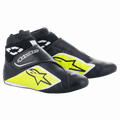 Alpinestars Supermono V2 Schuhe FIA, Auto-Rennschuhe, Schwarz, Neongelb und Weiß, knöchelhohes Design mit geripptem Bündchen, perforierte einteilige Lederkonstruktion mit Stern-Logos, schlankes aerodynamisches Profil für den professionellen Motorsport