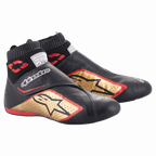 Alpinestars Supermono V2 Schuhe FIA, Auto-Rennschuhe, Schwarz, Gold und Rot, ultraleichte Lederkonstruktion, mit goldenem Stern-Logo mit roten Konturen, sockenähnlichem elastischem Kragen und Klettverschluss