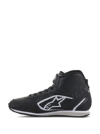 Alpinestars Radar Shoes, Auto Racing Pit Crew Shoes, Black and White, high-top profile featuring a perforated leather upper, iconic white A-star logo on the side, and adjustable hook-and-loop ankle strap.