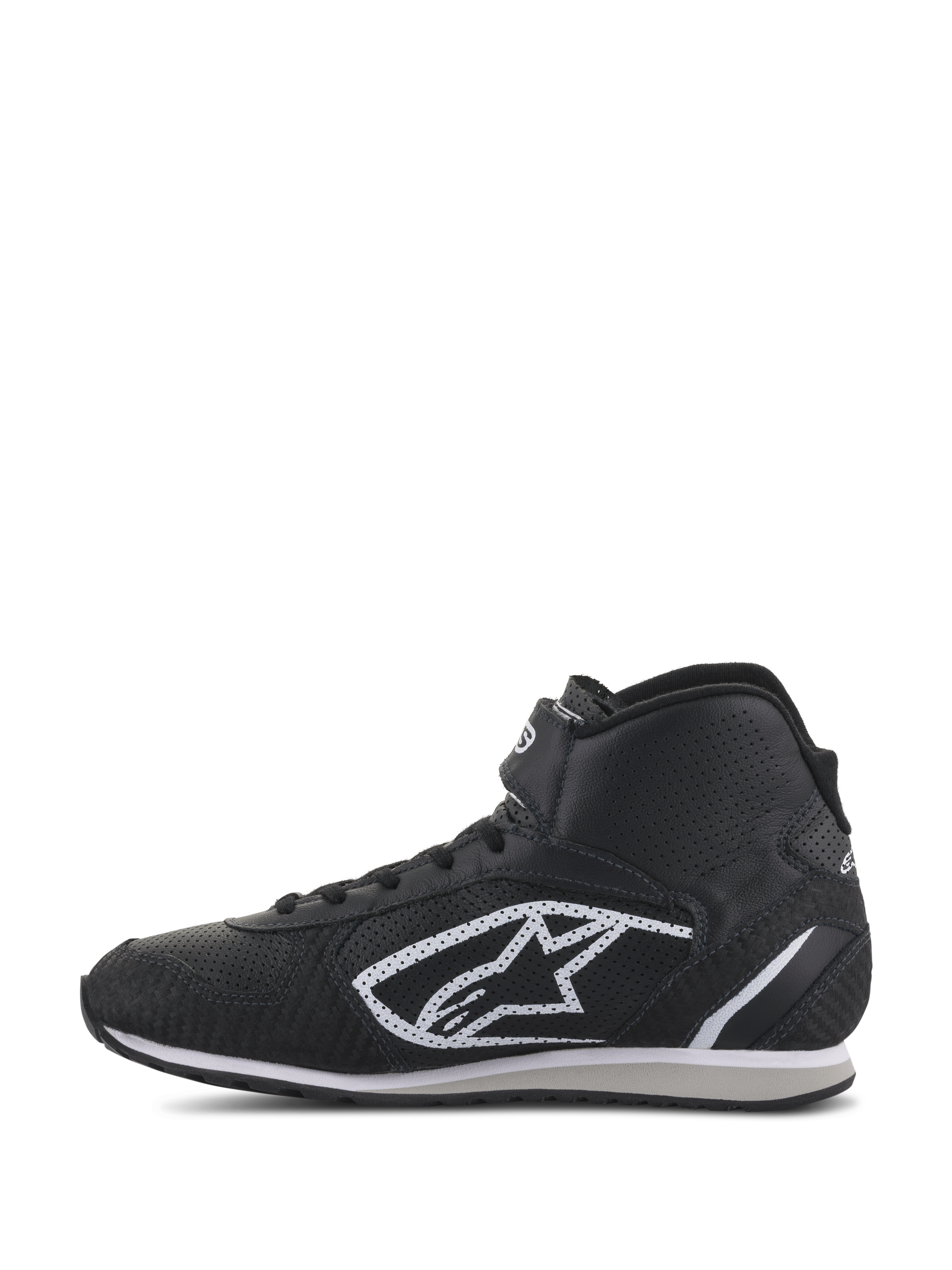 Alpinestars Radar Shoes, Auto Racing Pit Crew Shoes, Black and White, high-top profile featuring a perforated leather upper, iconic white A-star logo on the side, and adjustable hook-and-loop ankle strap.