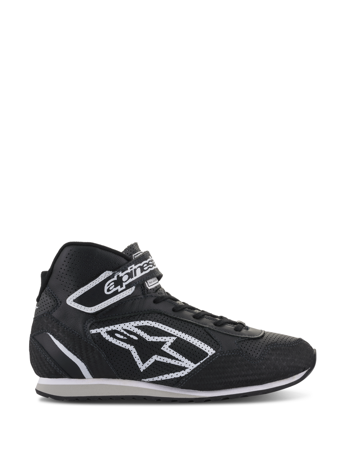 Alpinestars Radar Shoes, professional auto racing pit crew footwear, black and white, perforated leather upper with large white star logo, high-top design with Velcro ankle strap and laces, durable motorsport-inspired style