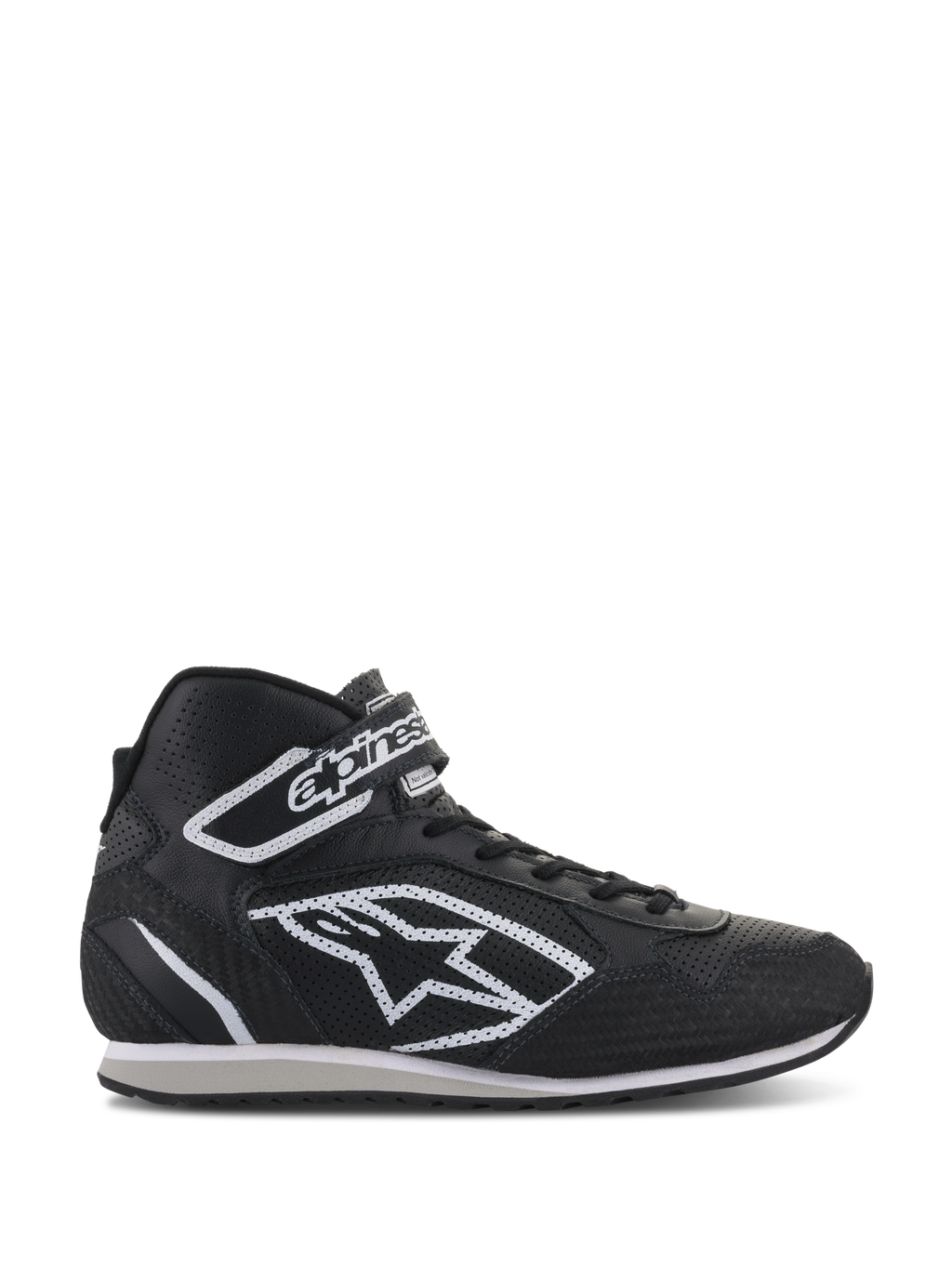 Alpinestars Radar Shoes, professional auto racing pit crew footwear, black and white, perforated leather upper with large white star logo, high-top design with Velcro ankle strap and laces, durable motorsport-inspired style