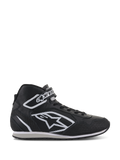 Alpinestars Radar Shoes, professional auto racing pit crew footwear, black and white, perforated leather upper with large white star logo, high-top design with Velcro ankle strap and laces, durable motorsport-inspired style