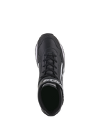 Alpinestars Radar Shoes, Auto Racing Pit Crew Shoes, Black and White, top-down view highlighting perforated leather upper, dual closure system with laces and hook-and-loop strap, white Alpinestars logo, durable design for professional pit stops