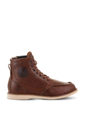 Alpinestars Oscar Monty V2 Schuhe, braune Leder-Motorradstiefel, weiße Keilsohle, Moc-Toe-Design, runde geprägte Knöcheldetails, Heritage Urban Riding-Schuhe