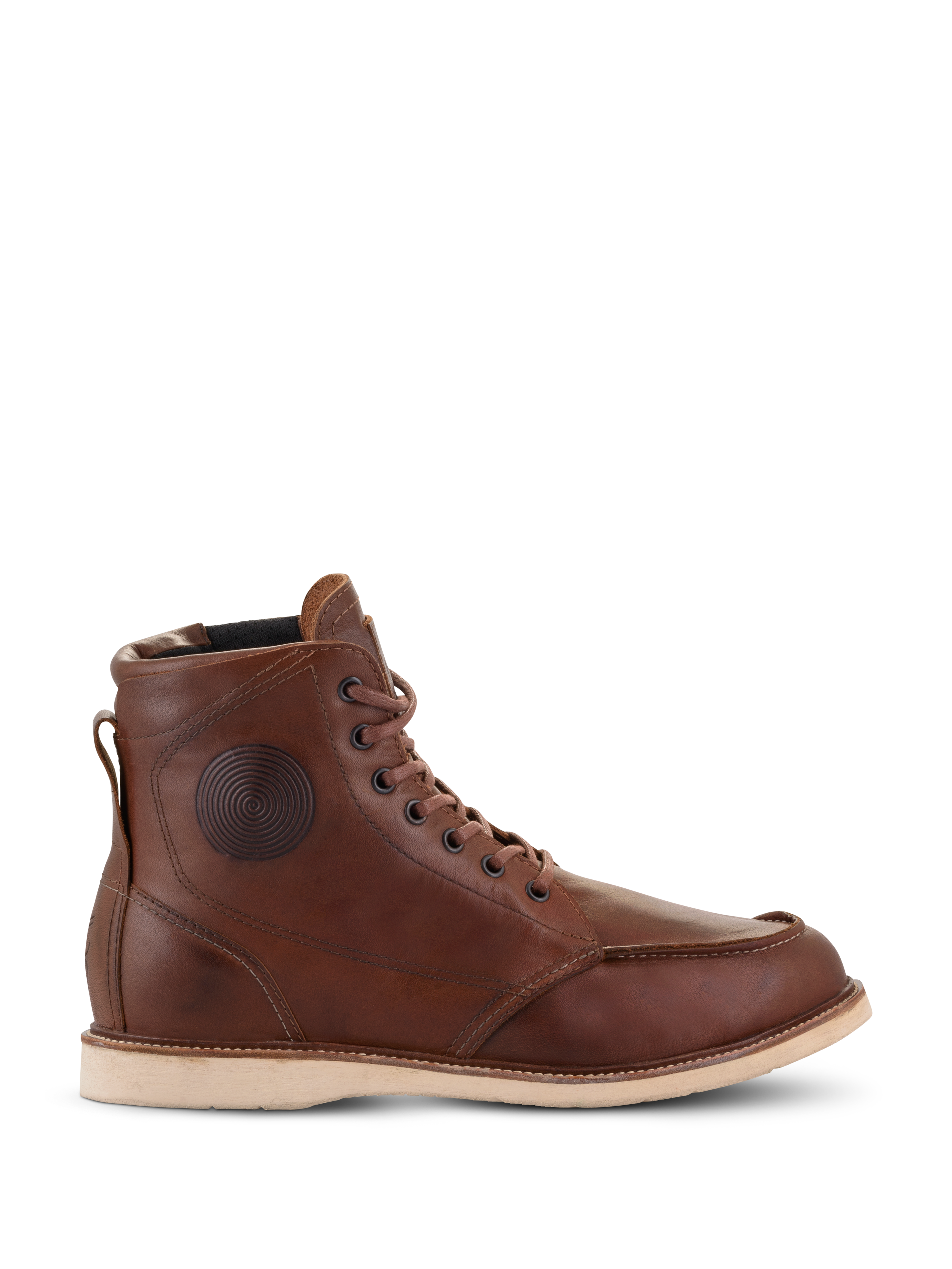 Alpinestars Oscar Monty V2 Schuhe, braune Leder-Motorradstiefel, weiße Keilsohle, Moc-Toe-Design, runde geprägte Knöcheldetails, Heritage Urban Riding-Schuhe