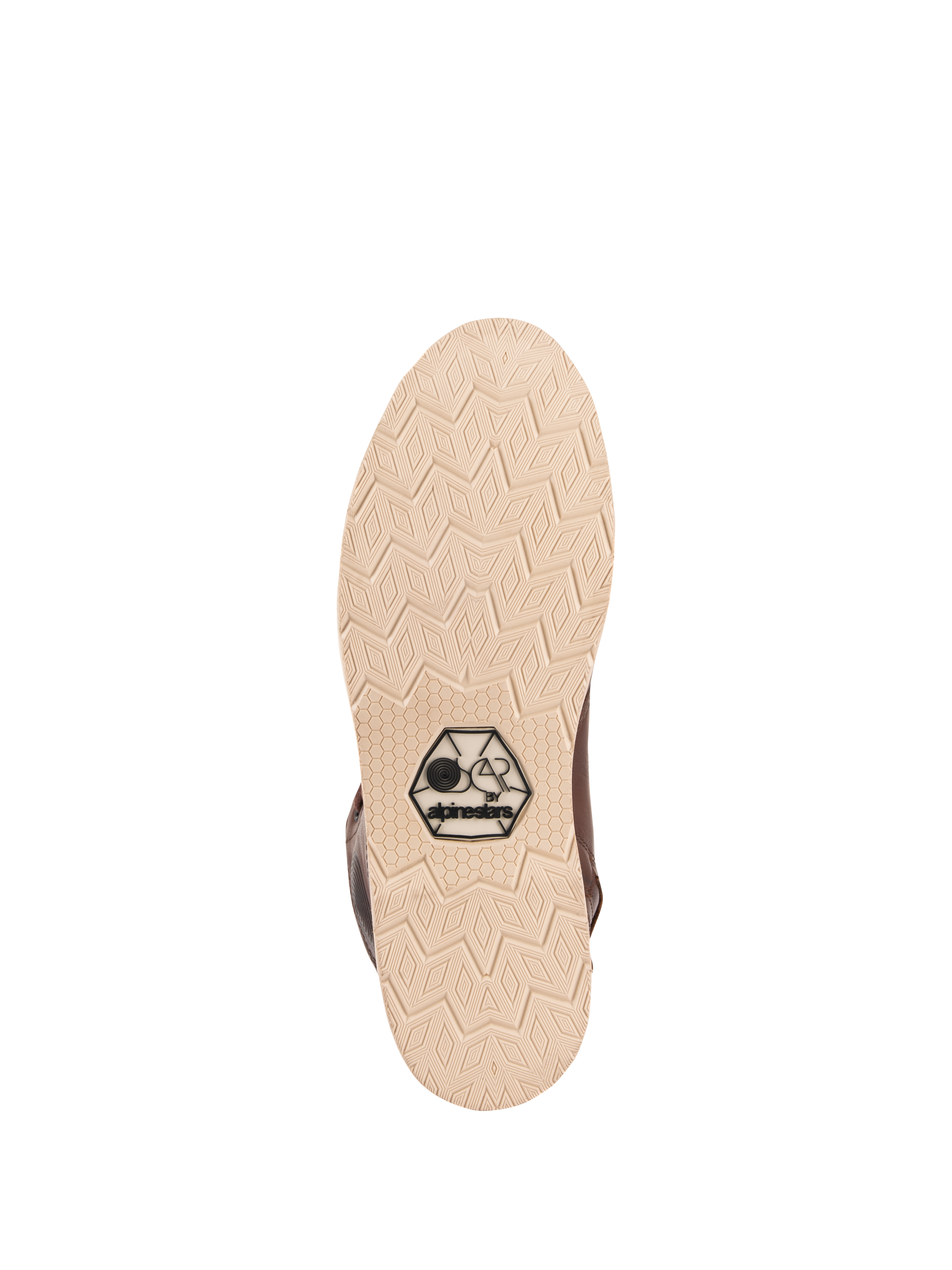 Alpinestars Oscar Monty V2 Schuhe, Sohlenansicht, hellbeige Keillaufsohle mit geometrischem Rautenprofil, schwarzes OSCAR by Alpinestars Logo, urbaner Motorradschuh aus braunem Leder