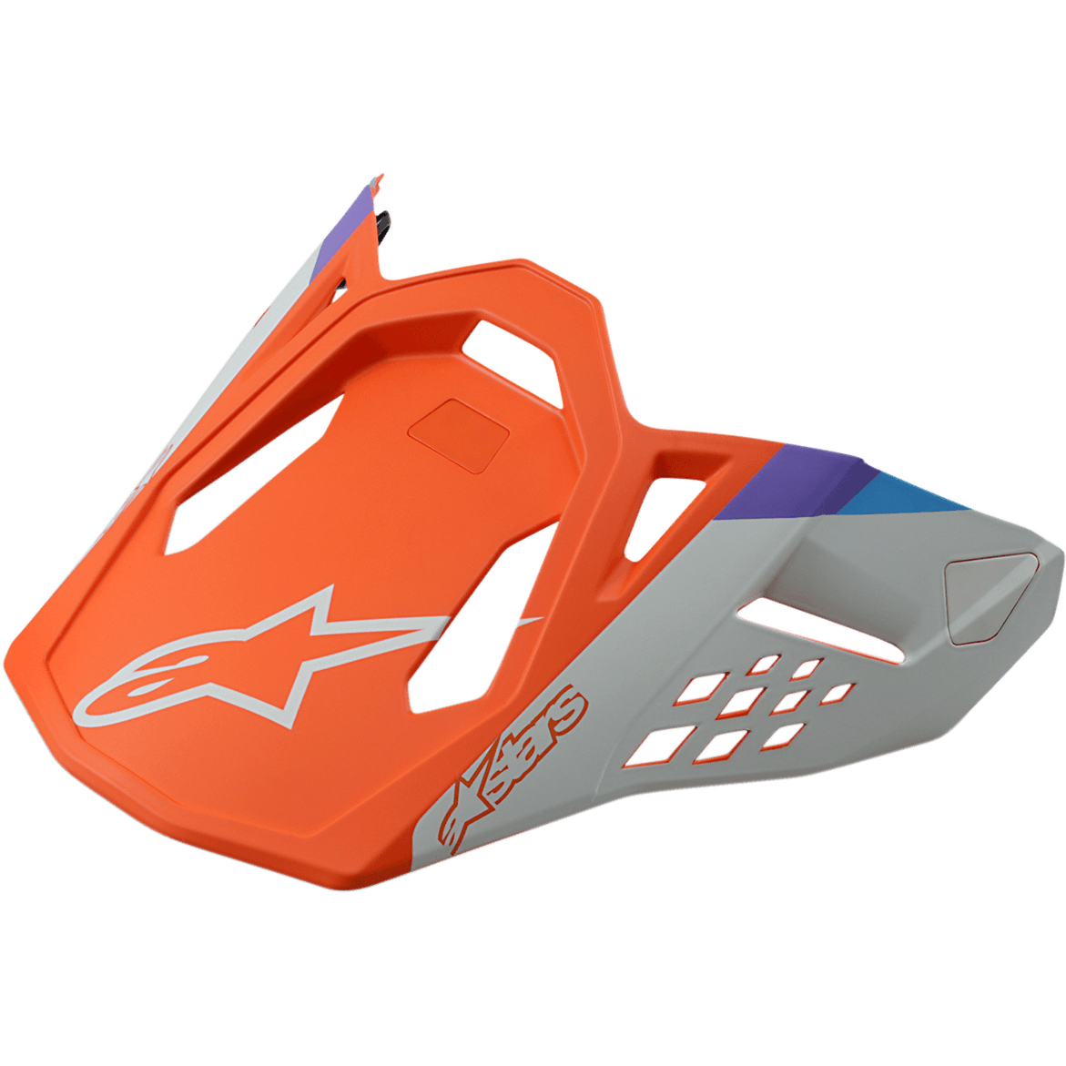 Alpinestars S-M8 Contact Helmvisier, Ersatz-Helmschirm für Motocross-Helme, Matt-Orange und Grau mit blauen und lila Akzenten, kantiges Design mit Belüftungsausschnitten, mit weißem Stern-Logo und Astars-Schriftzug