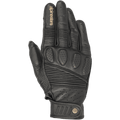 Alpinestars Crazy Eight Gloves, Black Leather Motorcycle Gloves, featuring accordion stretch panels on fingers and backhand, perforated knuckle padding, tan Alpinestars logo on index finger, and adjustable hook-and-loop wrist strap with circular logo detail.