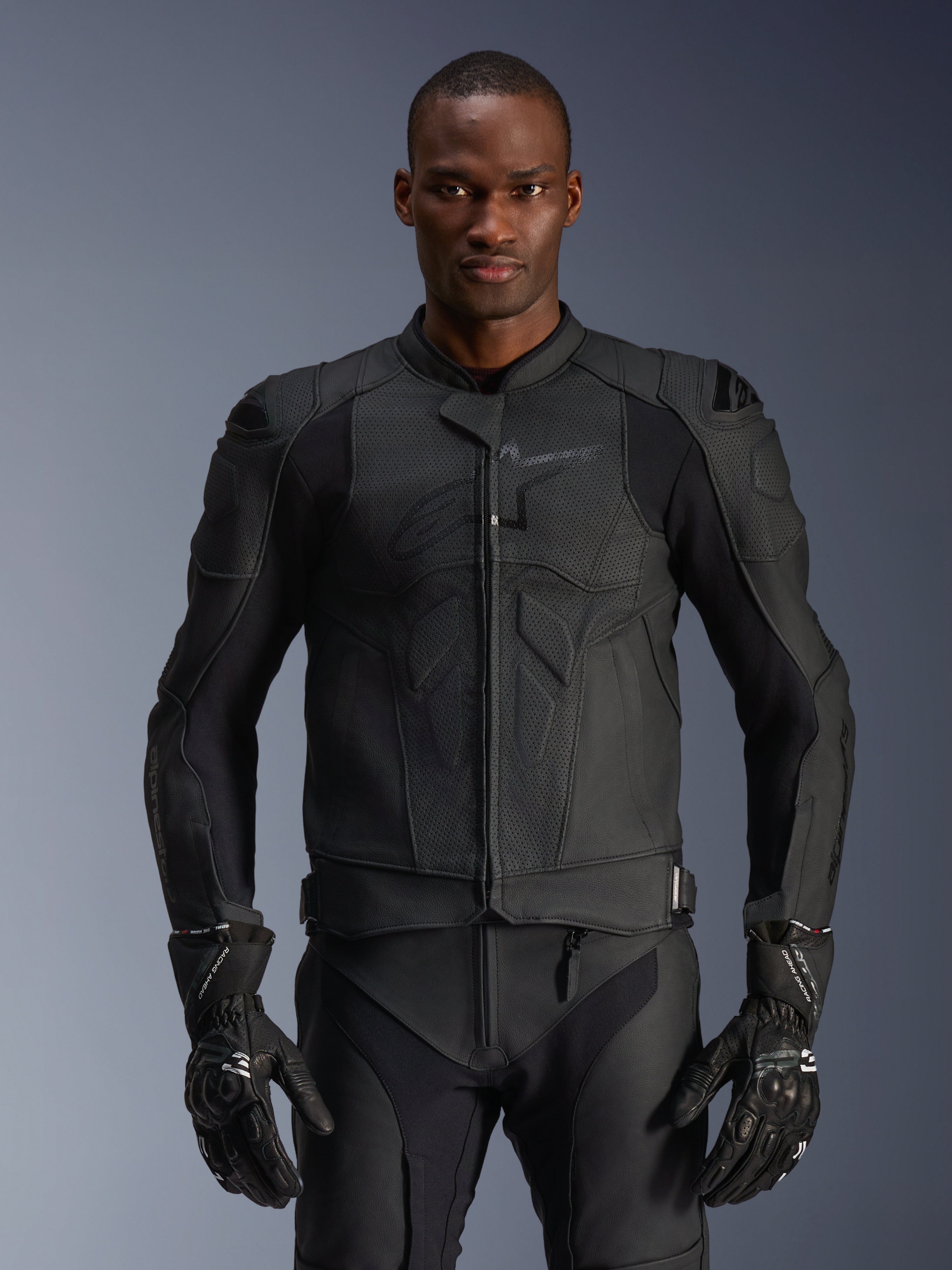 Alpinestars Dusk Airflow Leather Jacket, Black Motorcycle Jacket, Perforated Leather with Protective Padding on Shoulders, Form-Fitting Design, Worn with Matching Black Armored Gloves