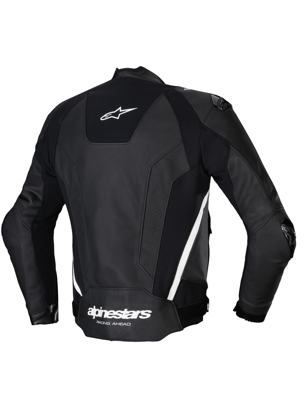 Alpinestars Missile V3 Leather Jacket, men's racing sport motorcycle jacket, back view in Black and White, featuring premium bovine leather construction, stretch panels, and external shoulder protection