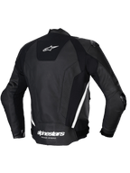 Alpinestars Missile V3 Leather Jacket, men's racing sport motorcycle jacket, back view in Black and White, featuring premium bovine leather construction, stretch panels, and external shoulder protection