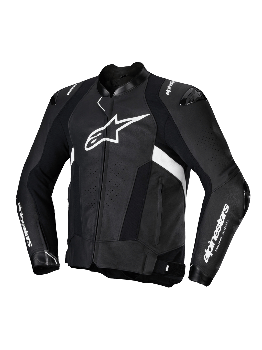 Alpinestars Missile V3 Leather Jacket, men's motorcycle racing jacket in Black and White, premium bovine race leather construction with CE certification and shoulder and elbow armor