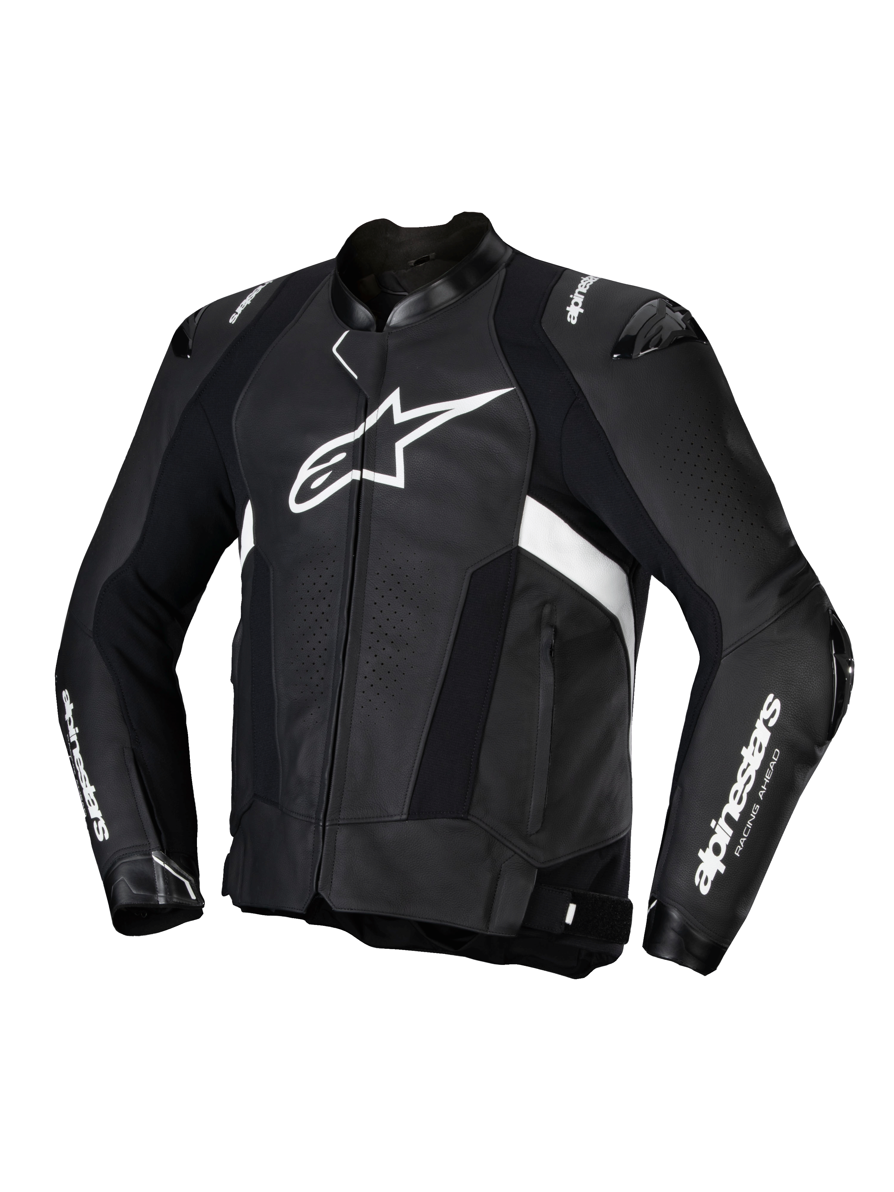 Alpinestars Missile V3 Leather Jacket, men's motorcycle racing jacket in Black and White, premium bovine race leather construction with CE certification and shoulder and elbow armor