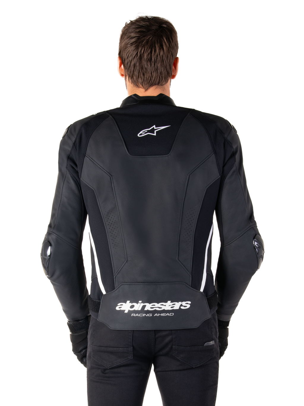 Rückansicht der Alpinestars Missile V3 Lederjacke in Schwarz und Weiß, mit dem Alpinestars-Sternlogo auf dem oberen Rücken und Markenschriftzug im Lendenbereich, weißen vertikalen Streifen und externen Ellbogenschleifern, erstklassige Rennsport-Lederjacke.