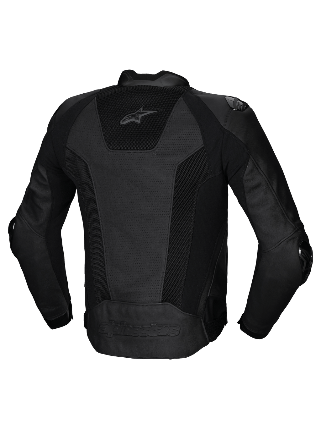 Alpinestars Missile V3 Airflow Lederjacke, Herren-Rennmotorradjacke, Rückansicht in Schwarz mit perforierten Lederpaneelen, Stretch-Einsätzen und CE-Zertifizierung Klasse AA.