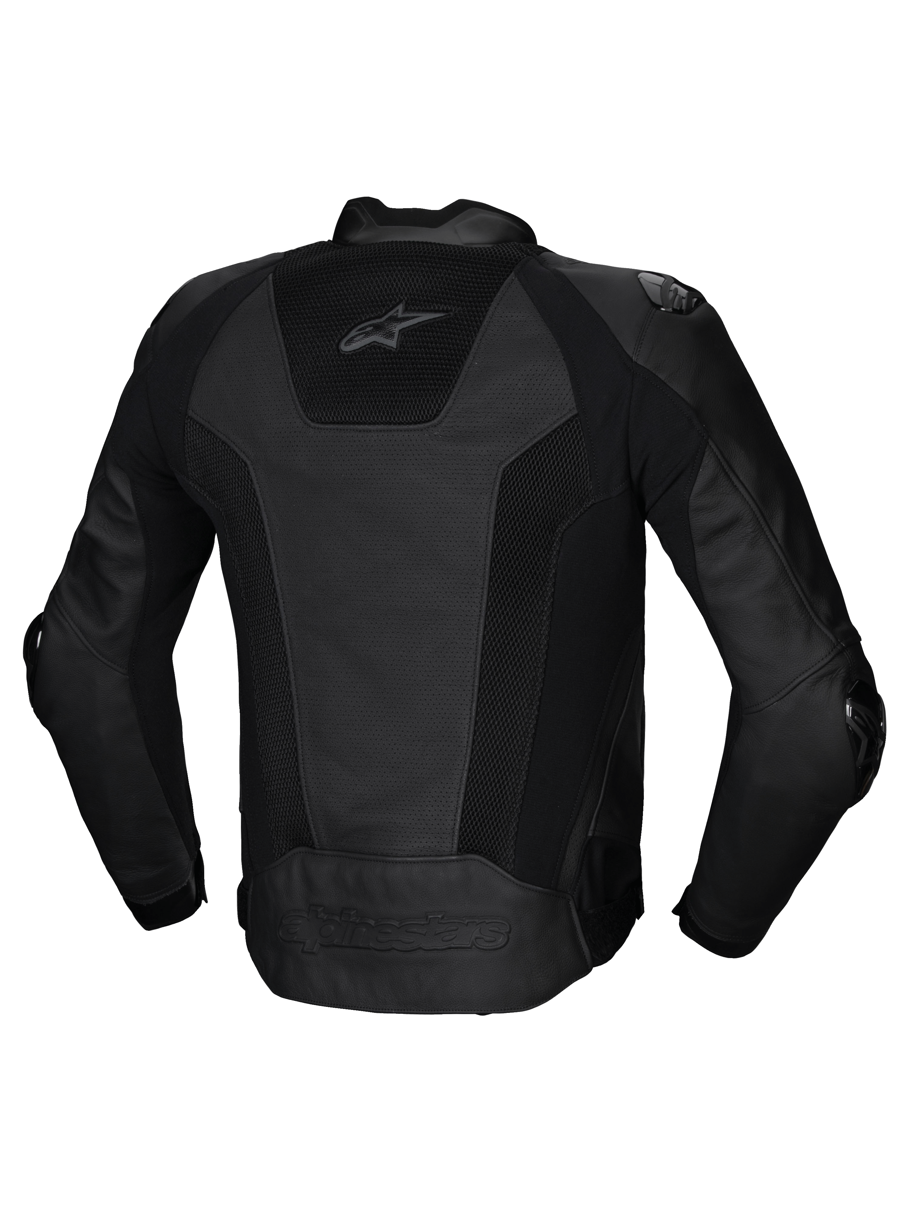 Alpinestars Missile V3 Airflow Lederjacke, Herren-Rennmotorradjacke, Rückansicht in Schwarz mit perforierten Lederpaneelen, Stretch-Einsätzen und CE-Zertifizierung Klasse AA.