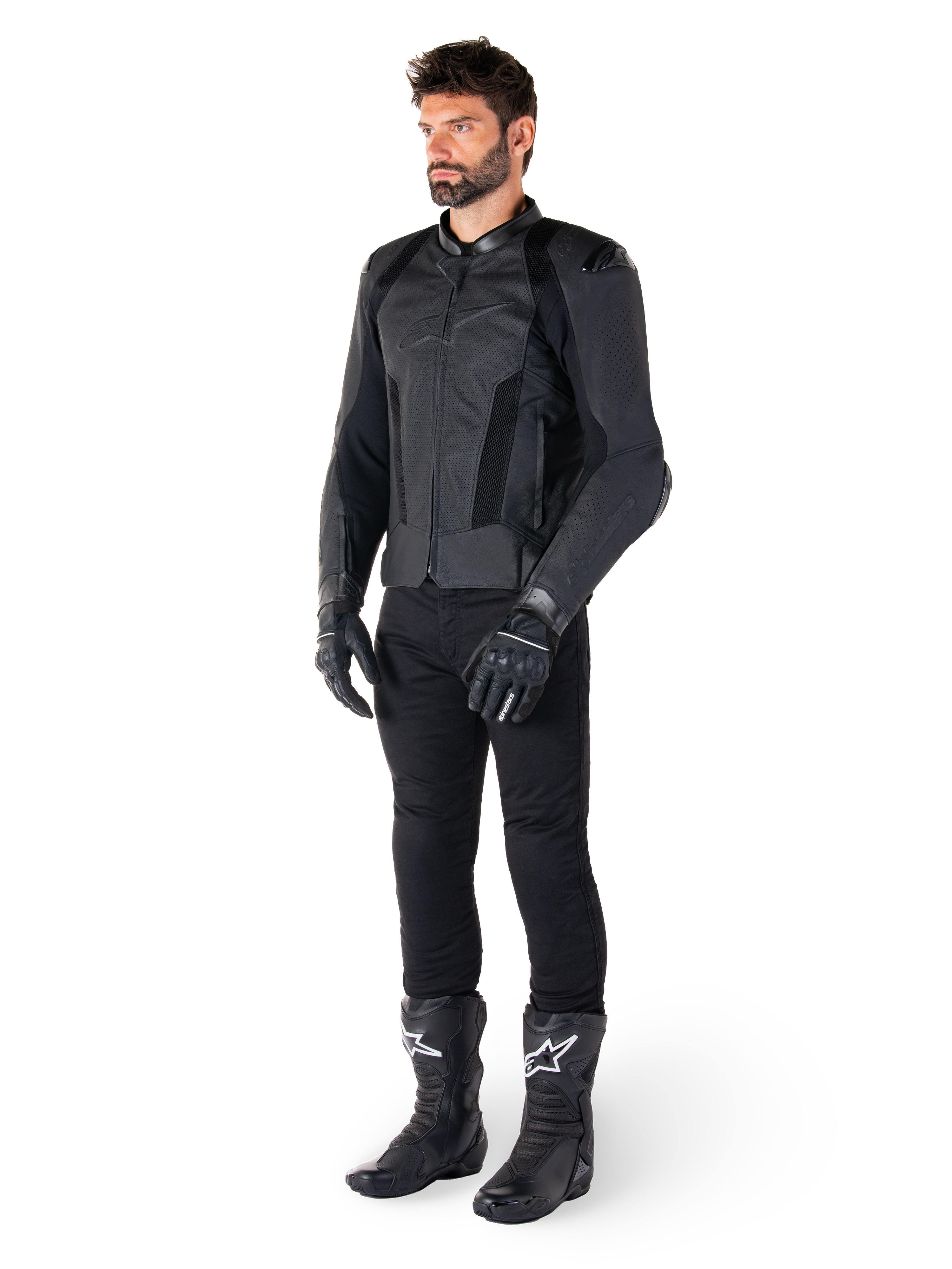 Alpinestars Missile V3 Airflow Leather Jacket, Black, worn by a rider with matching black pants, gloves, and boots, featuring perforated bovine leather for maximum ventilation and DFS shoulder armor, premium sport motorcycle gear
