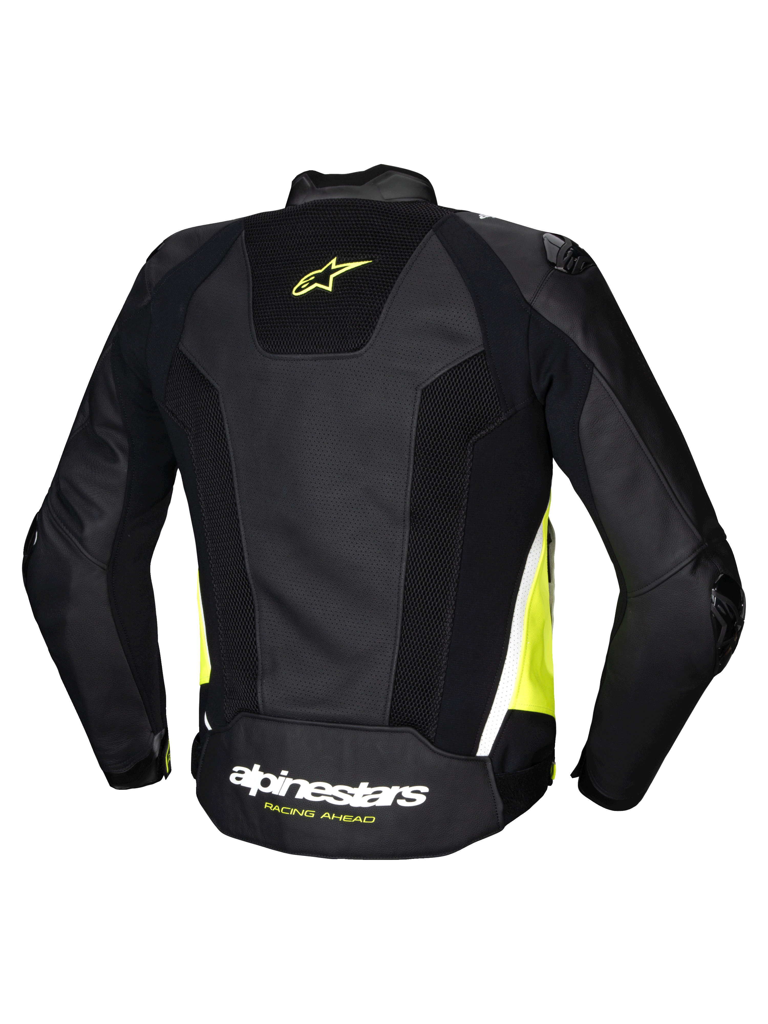 Alpinestars Missile V3 Airflow Lederjacke, Herren-Rennmotorradjacke, Rückansicht in Schwarz, Gelb Fluo und Weiß mit perforiertem Leder und Stretch-Einsätzen, CE-zertifiziert Klasse AA