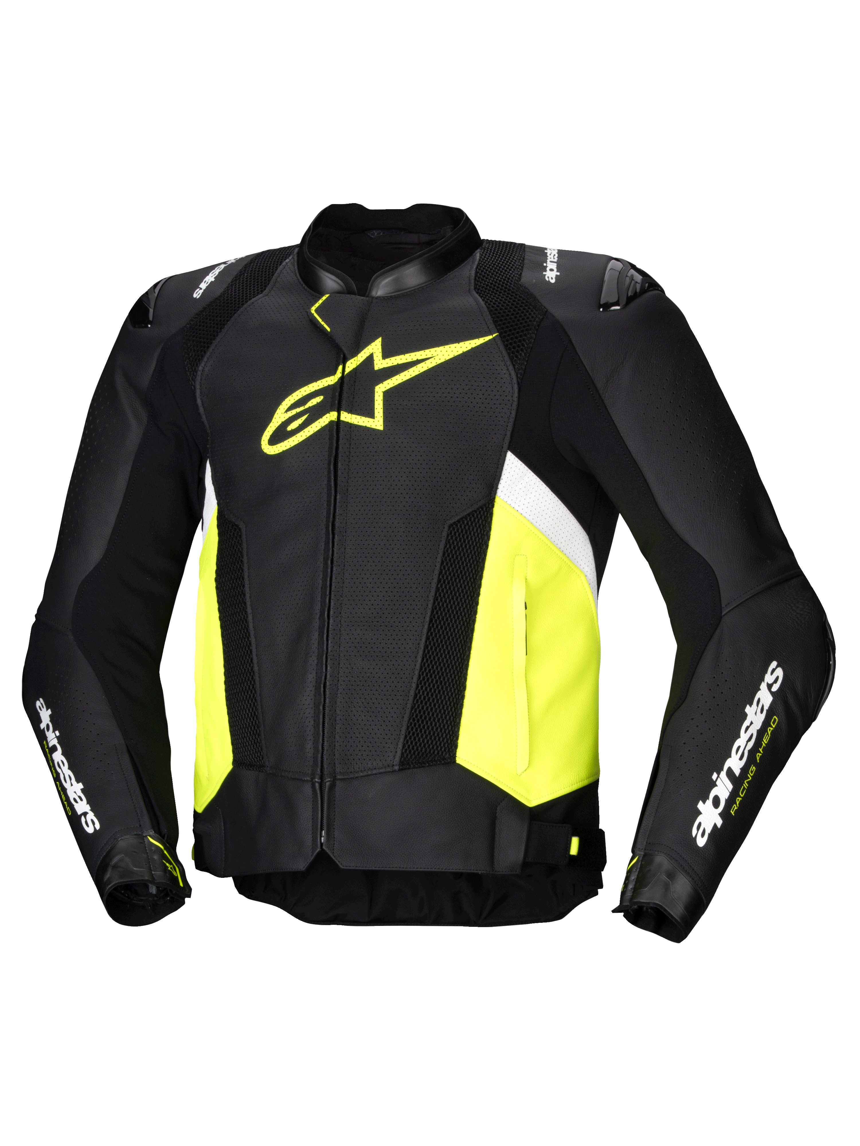Alpinestars Missile V3 Airflow Lederjacke, Herren-Rennmotorradjacke, Schwarz, Gelb Fluo und Weiß, perforiertes Rindsleder mit DFS-Schulterprotektoren und Tech-Air® Ready Design